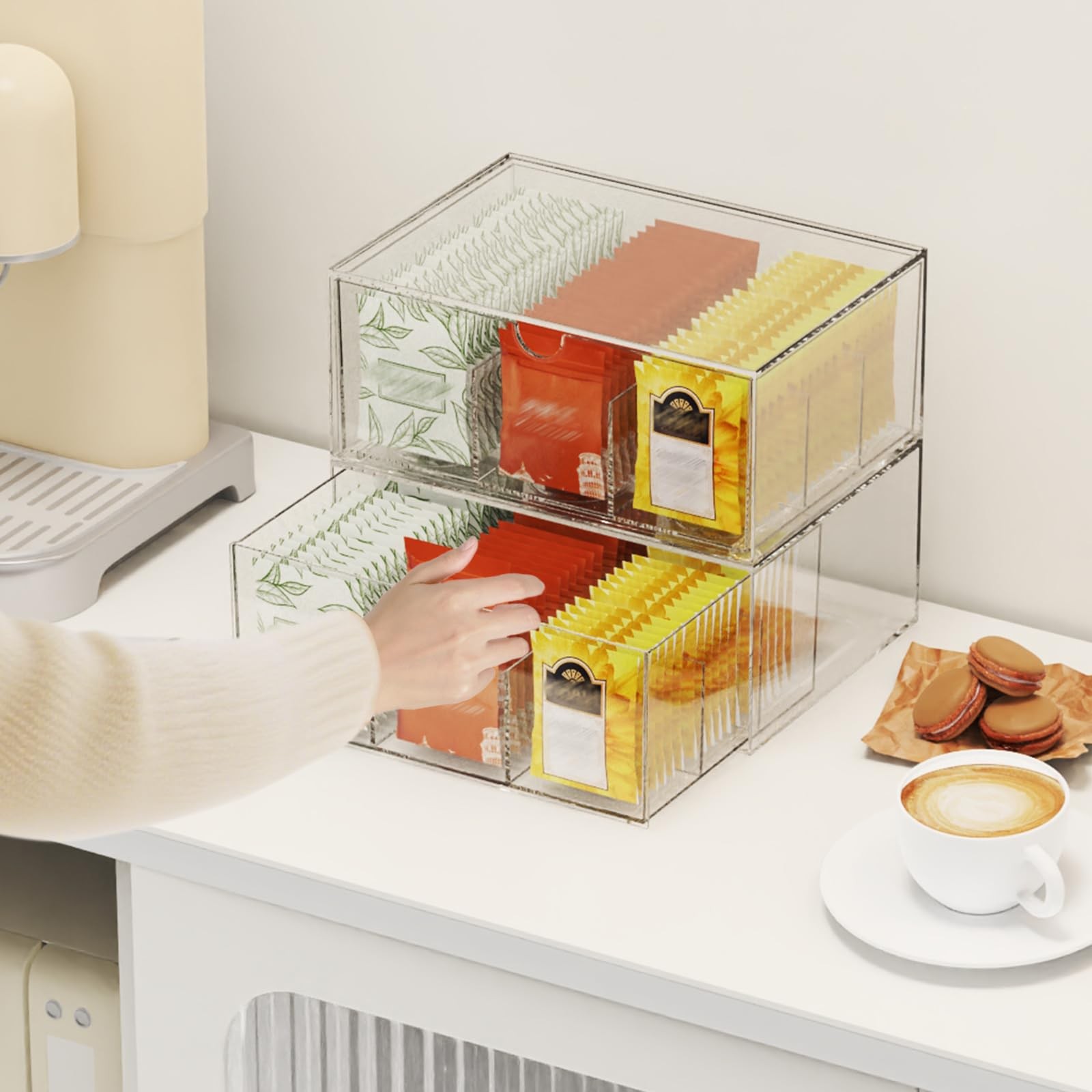 2 Pack Clear Tea Bag Organizer, Stackable Drawer 6.5 x 9 x 7.8 inches,