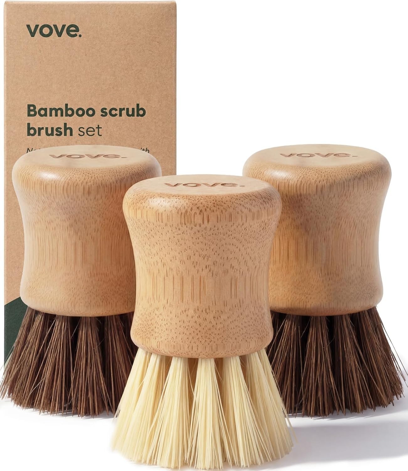 Bamboo Dish Scrub Brush Set, 3-Pack Plastic-Free Kitchen Brushes for Dishes P…