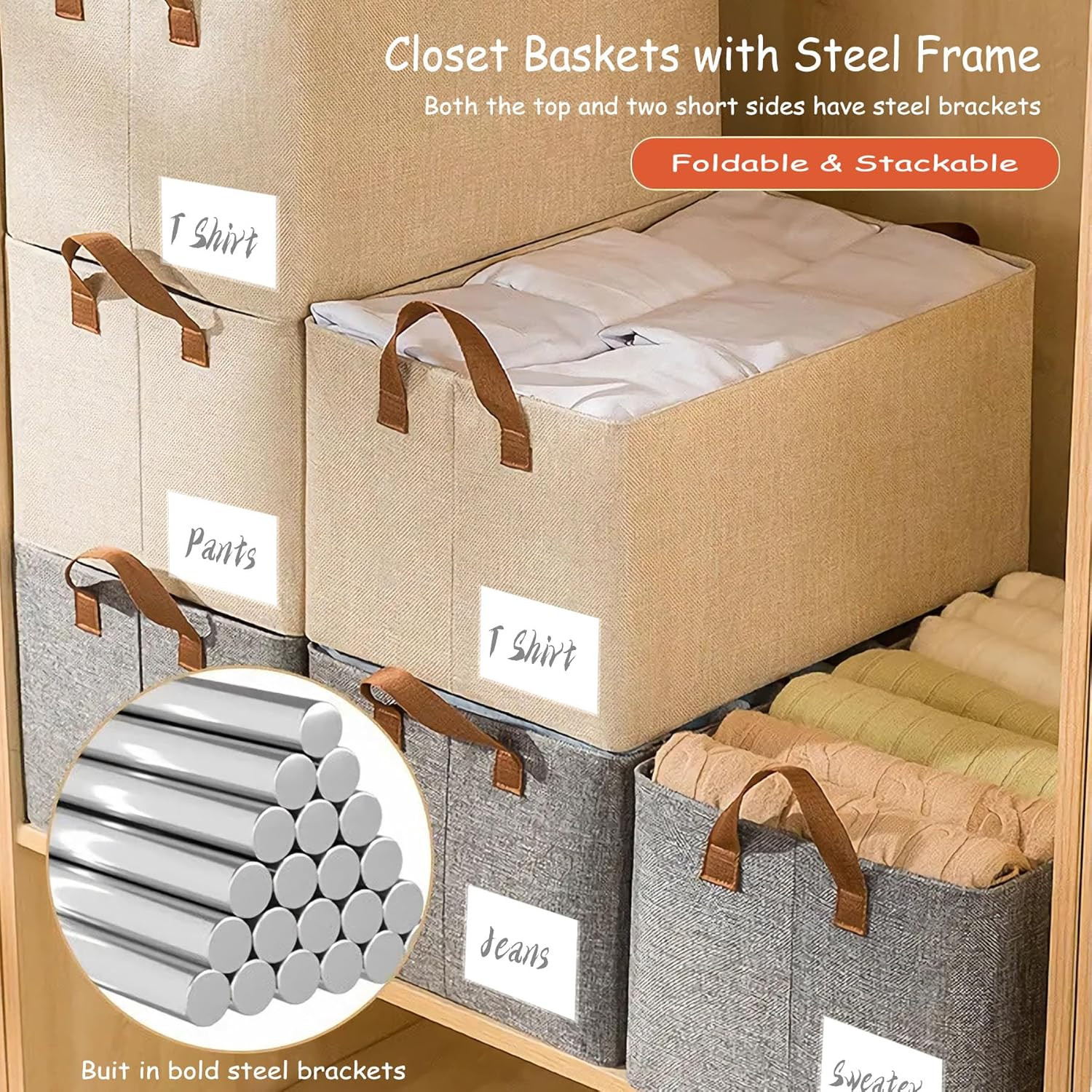 Linen Closet Organizer Storage Bin with Steel Frame, Stackable Fabric Jeans Bask