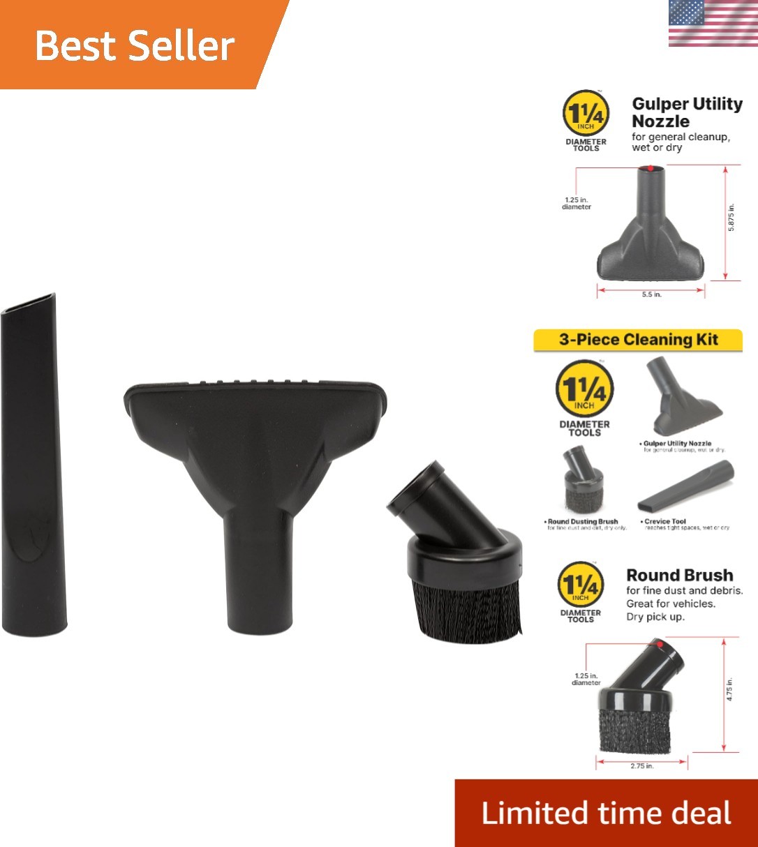 Effortless Cleaning: 1.25-Inch Kit with Brush, Crevice Tool & Gulper Nozzle