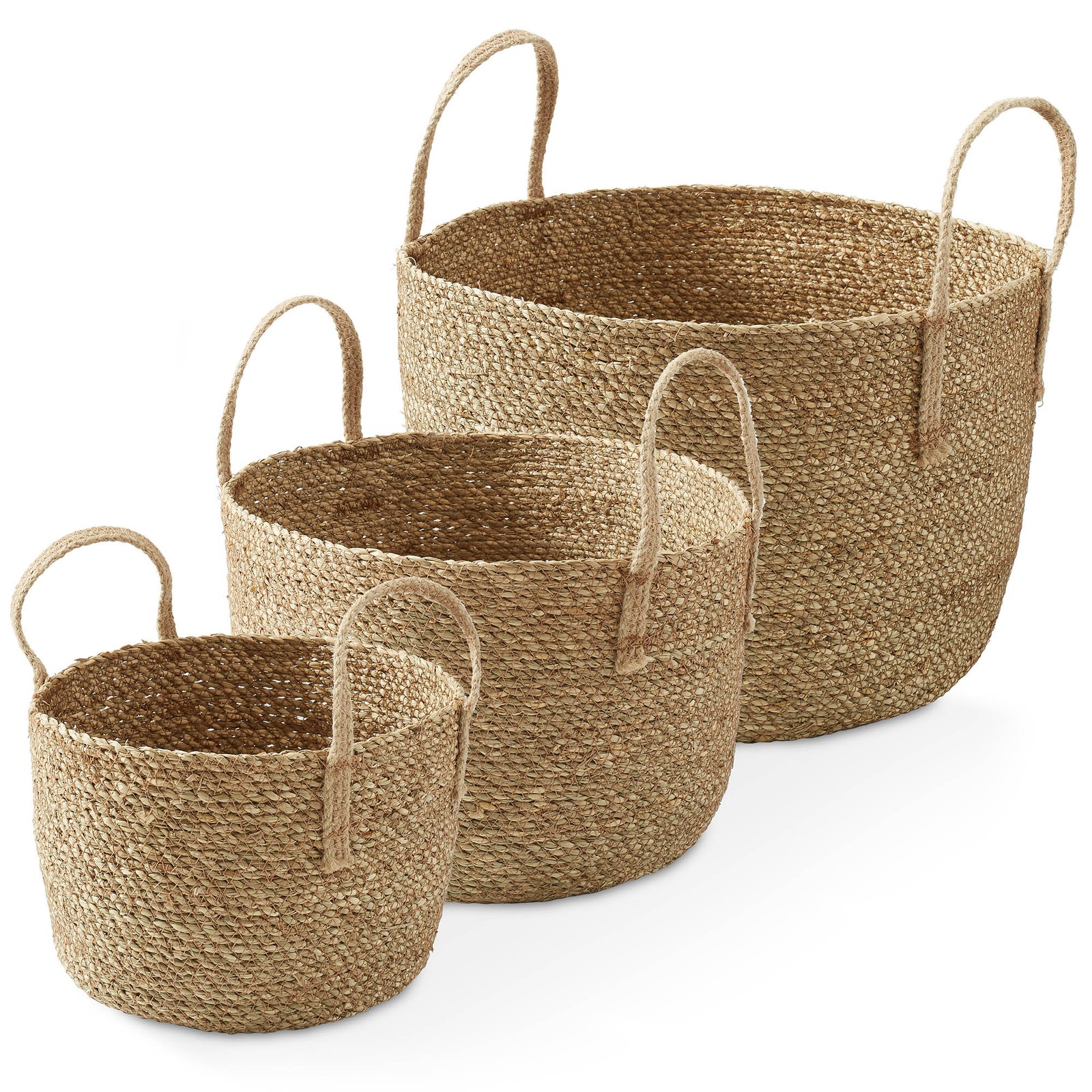 3pc Seagrass Basket Planters w Jute Handles, Boho Woven Storage Bin Plant Covers