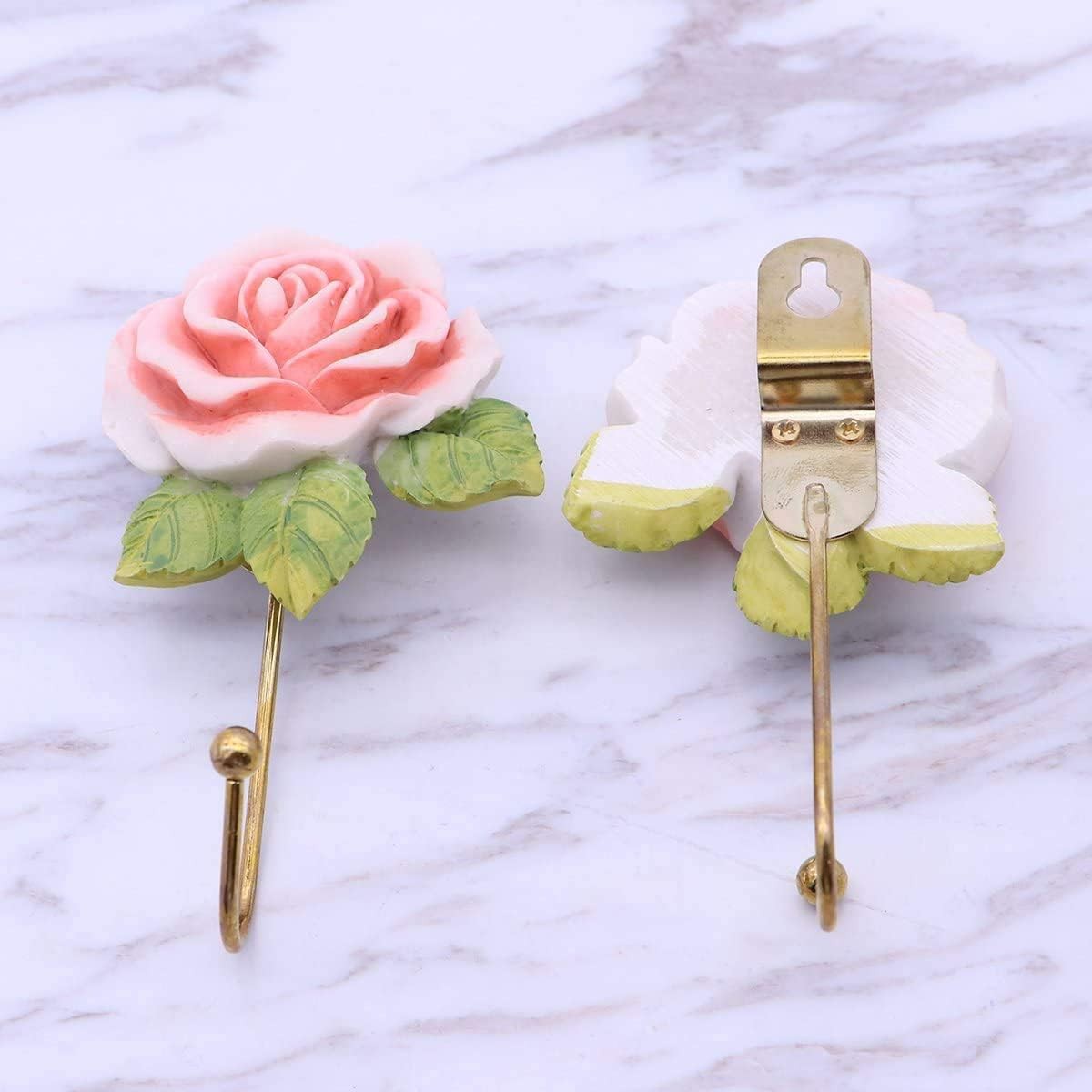 2 Pcs Pink Rose Decorative Wall Hooks Fancy Resin Flower Towel & Key Hooks Metal