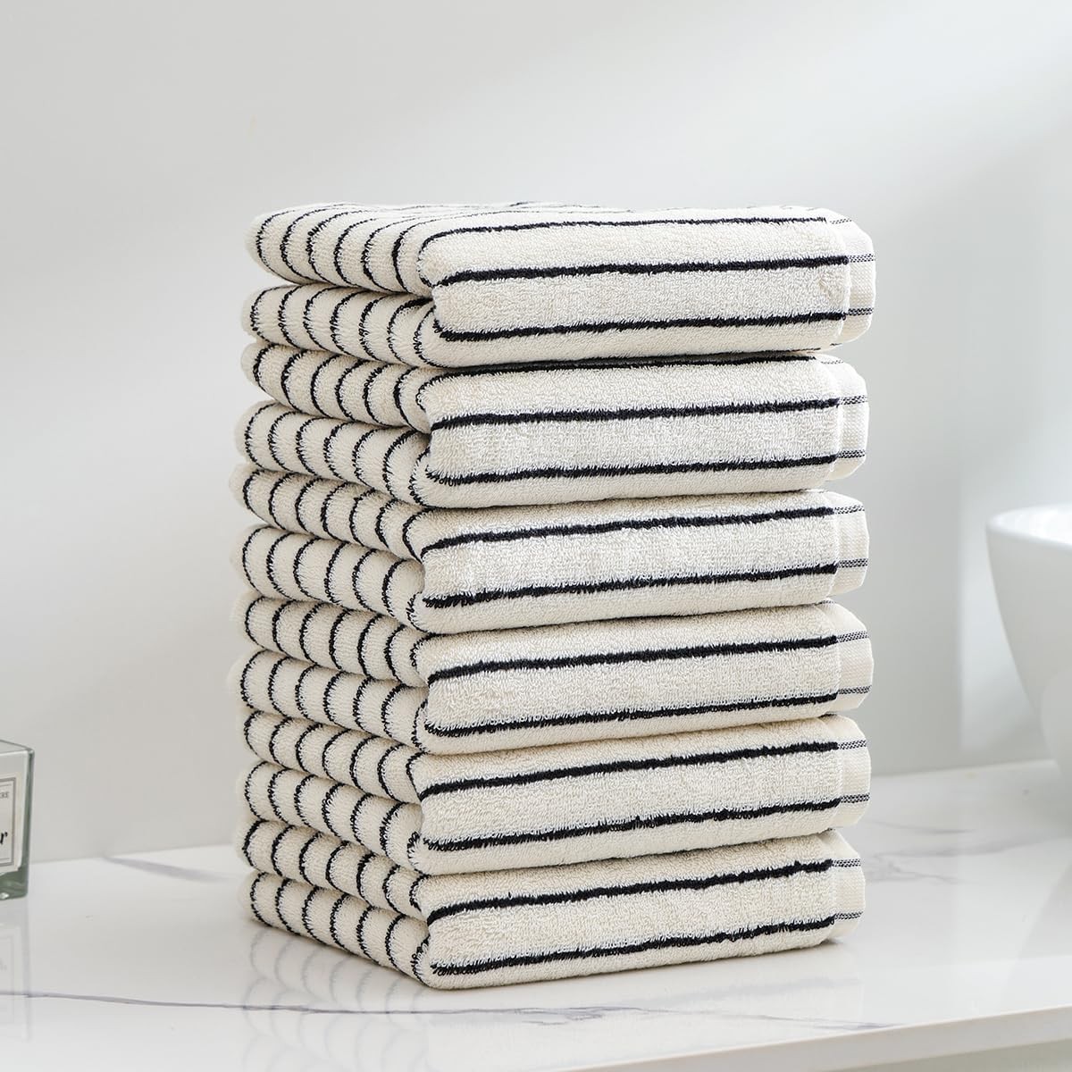 6 Piece Black and White Striped Hand Towels,100% Cotton Bathroom Towels Ultra