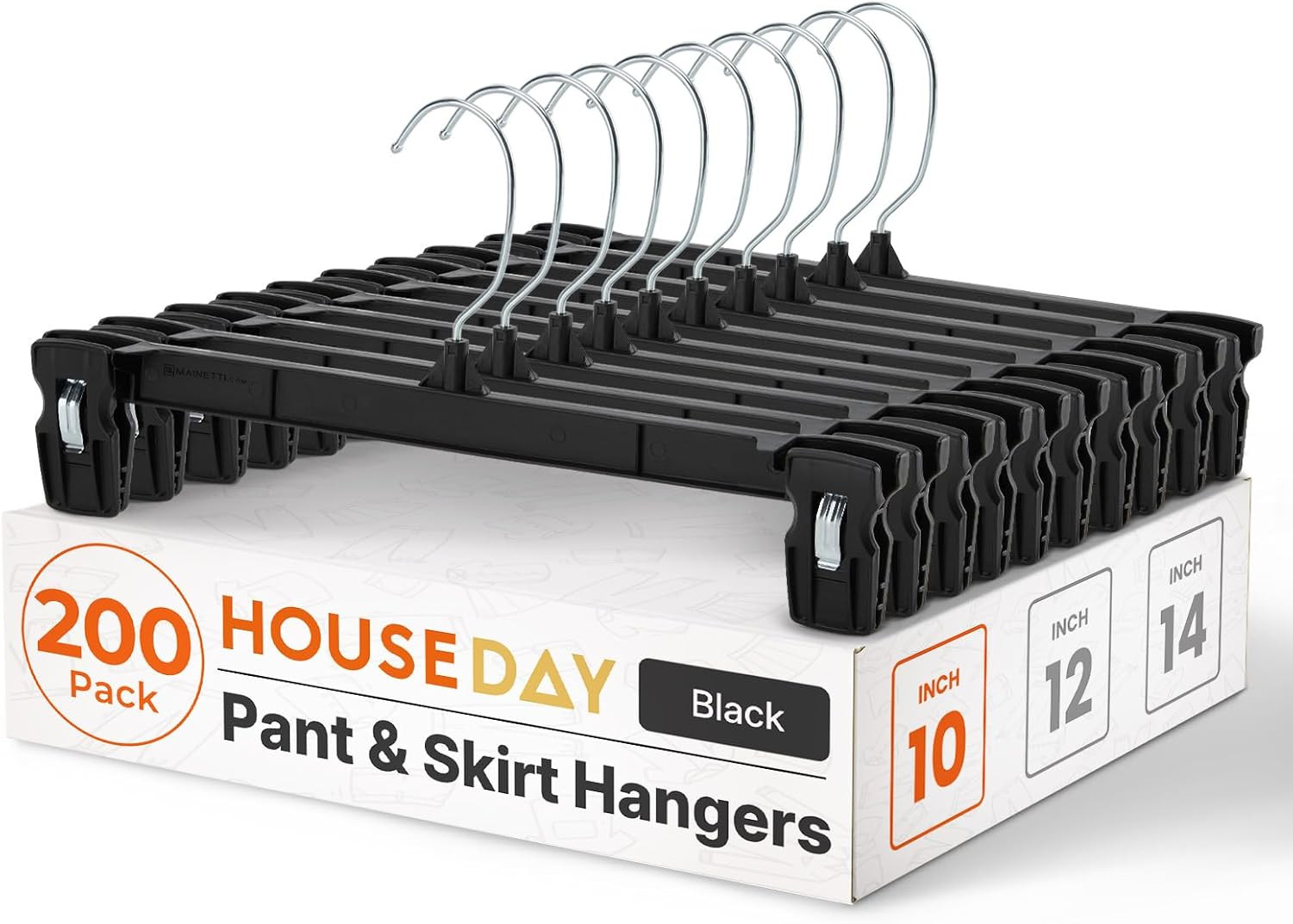 Black Pants Hangers 50 Pack, 12 Inch Skirt Hangers with Non-Slip Big Clips and 3