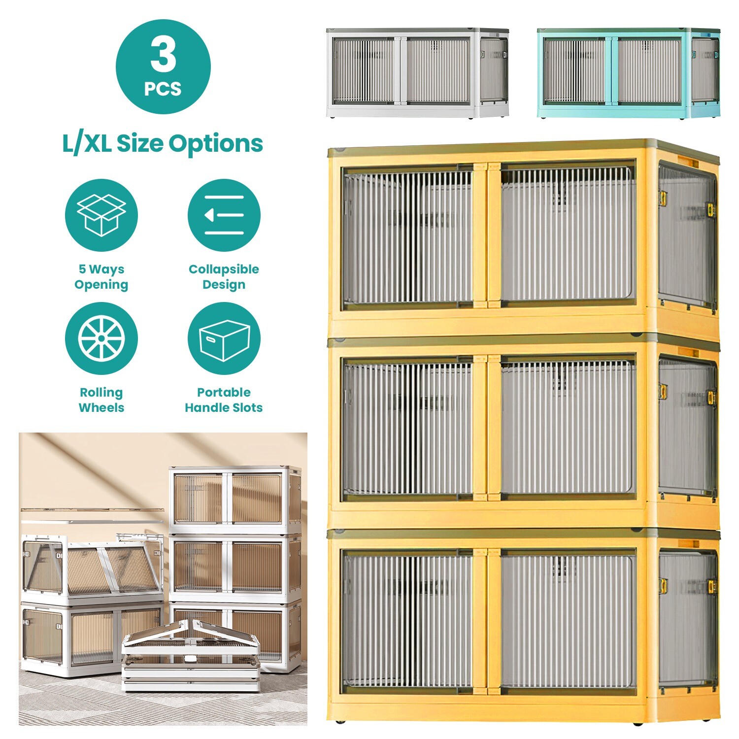 3 Pack Collapsible Storage Bins w/ Lids 4 Wheels Doors Lock Stackable Closet Box
