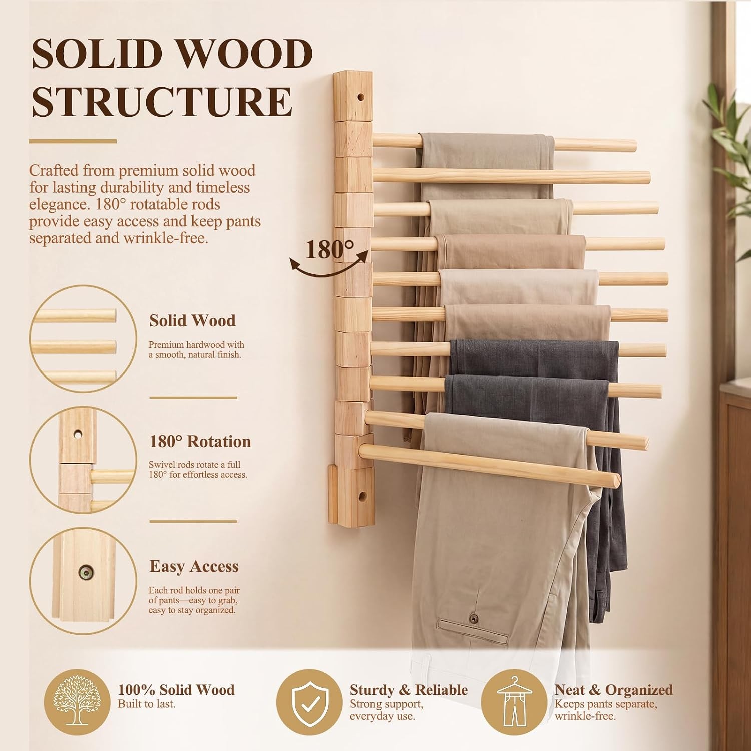 Wall Mounted Wooden Trouser Rack 10-Rod 13.8In Wooden Poles Hanging Organizer