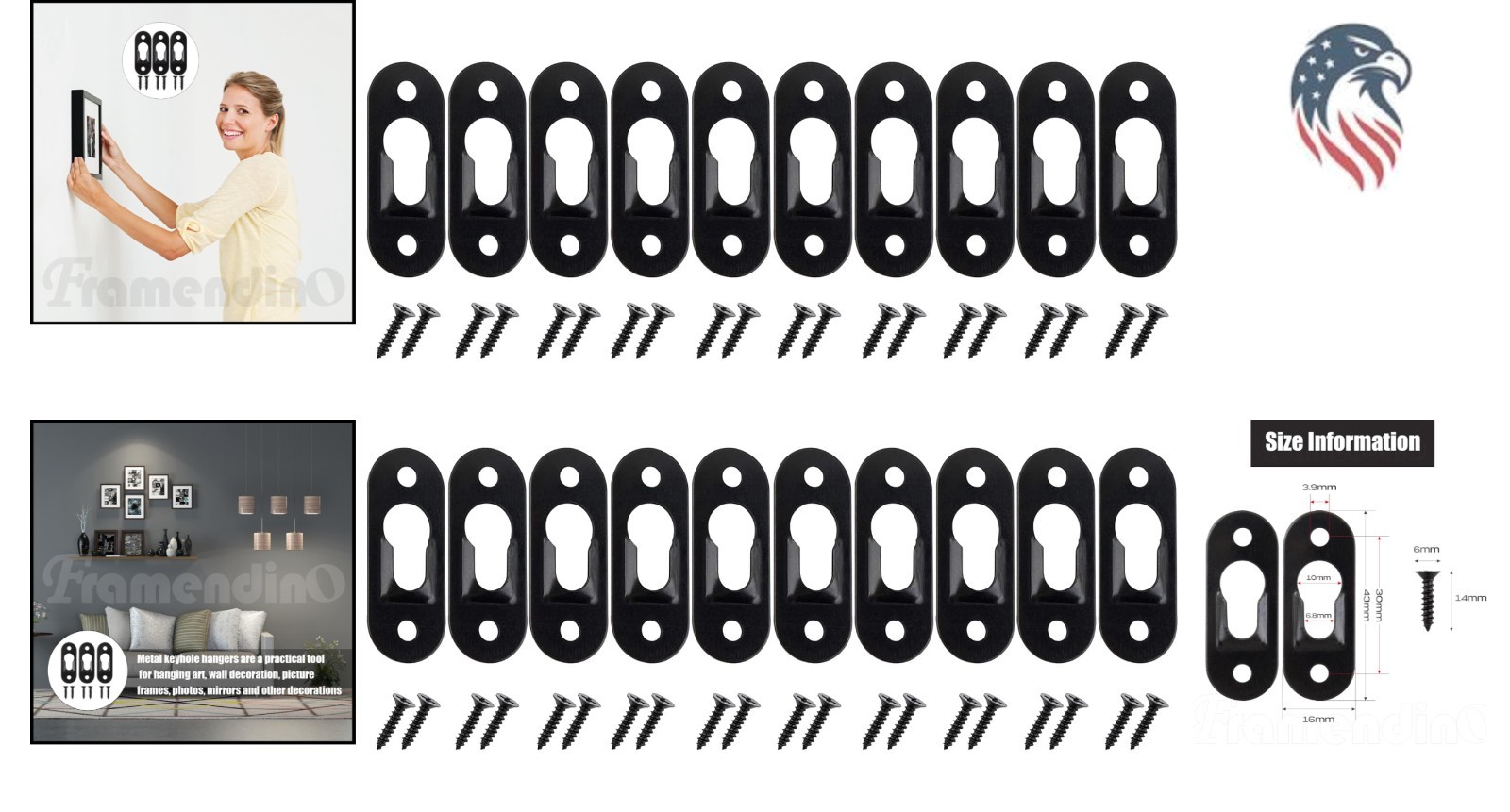Black Metal Keyhole Hangers 20 Pack Wall Picture Frame Mirrors Screws