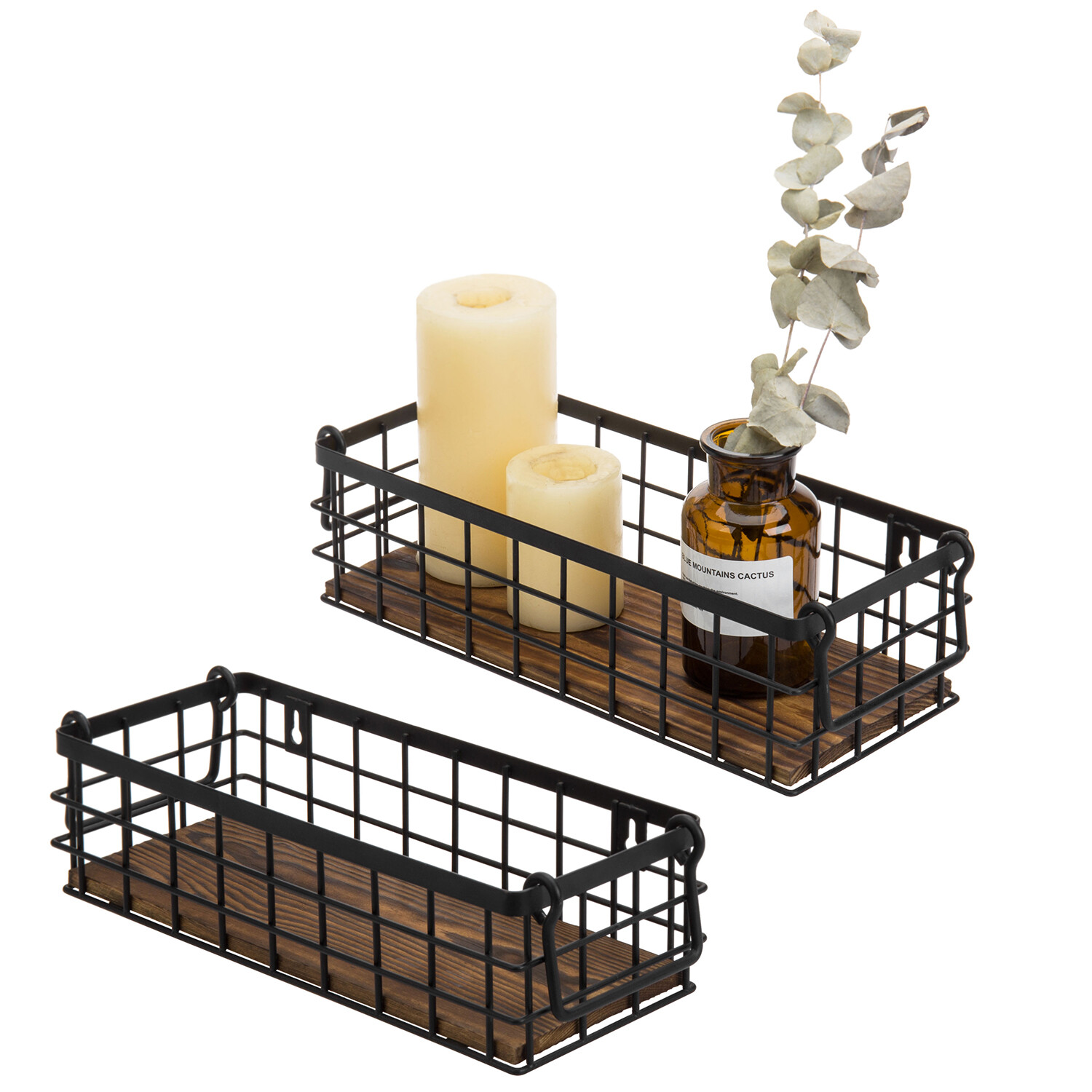 MyGift Set of 2 Black Metal Wire and Burnt Wood Storage Baskets with Handles