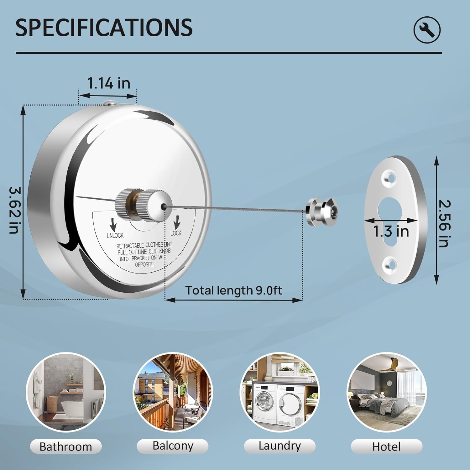 Retractable Clothesline 9Ft 304 Stainless Steel Heavy Duty Indoor Outdoor