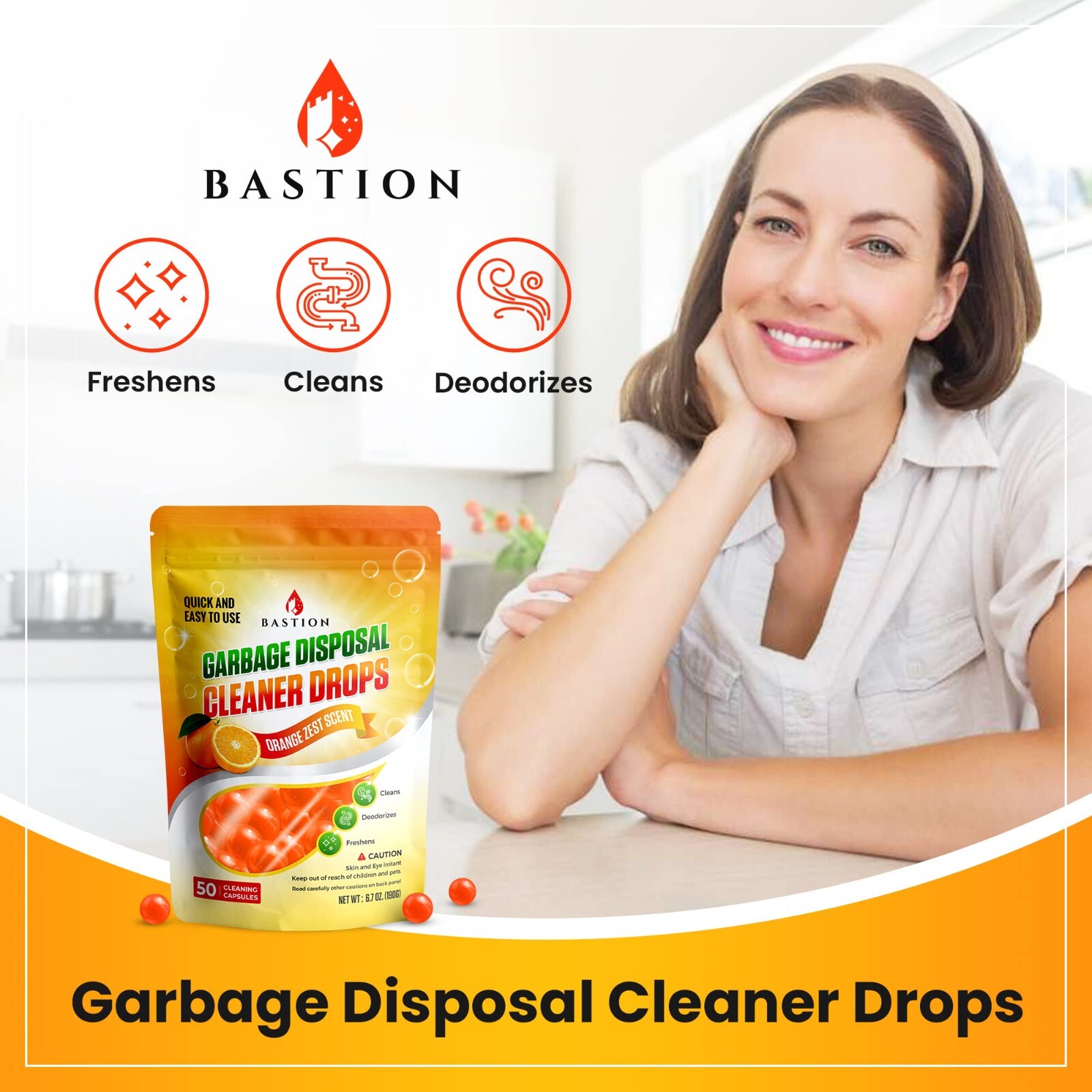Garbage Disposal Cleaner and Deodorizer Drops by Bastion Orange Zest Scented