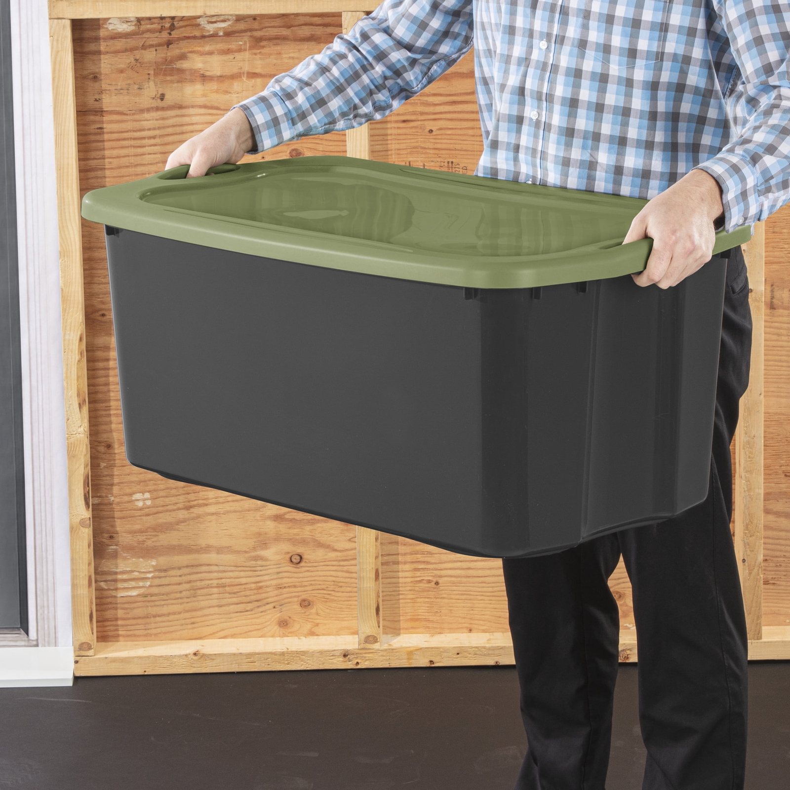 30 Gal. EZ Carry, Clear Plastic Storage Bin, Full-Grip Handles, Gray/Green
