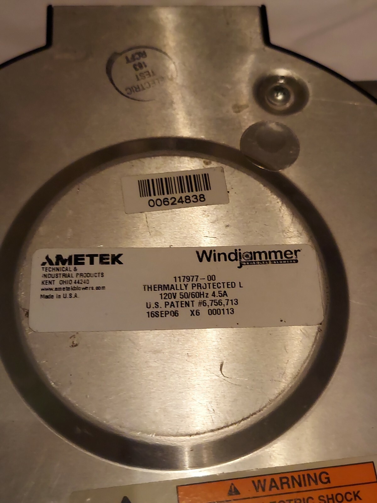 Ametek Lamb central vacuum motor 117977-00, 50/60 HZ, 4.5A, 120V.