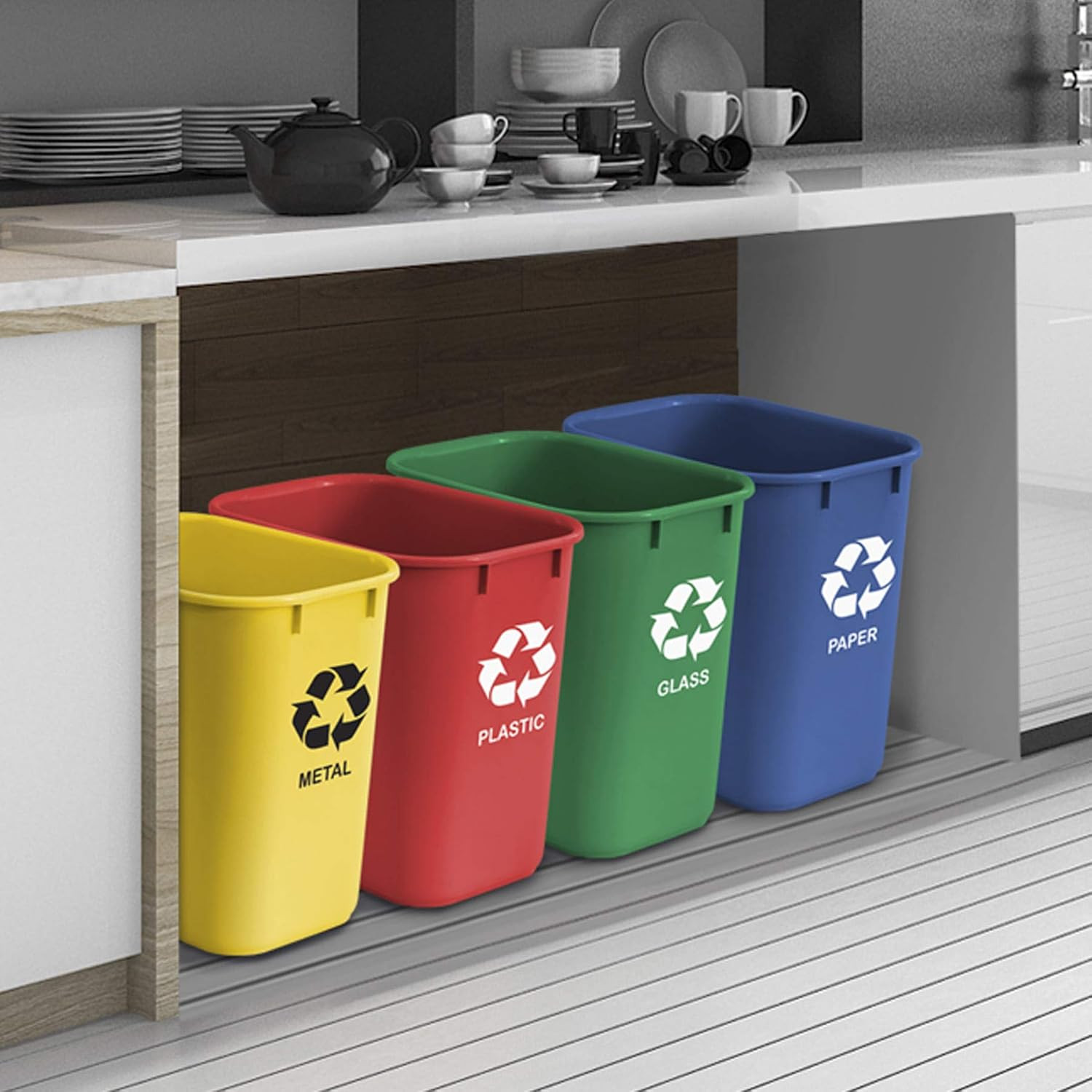 Color-Coded Recycling Wastebasket Set – 4 Bins, 6.75 Gallon Each