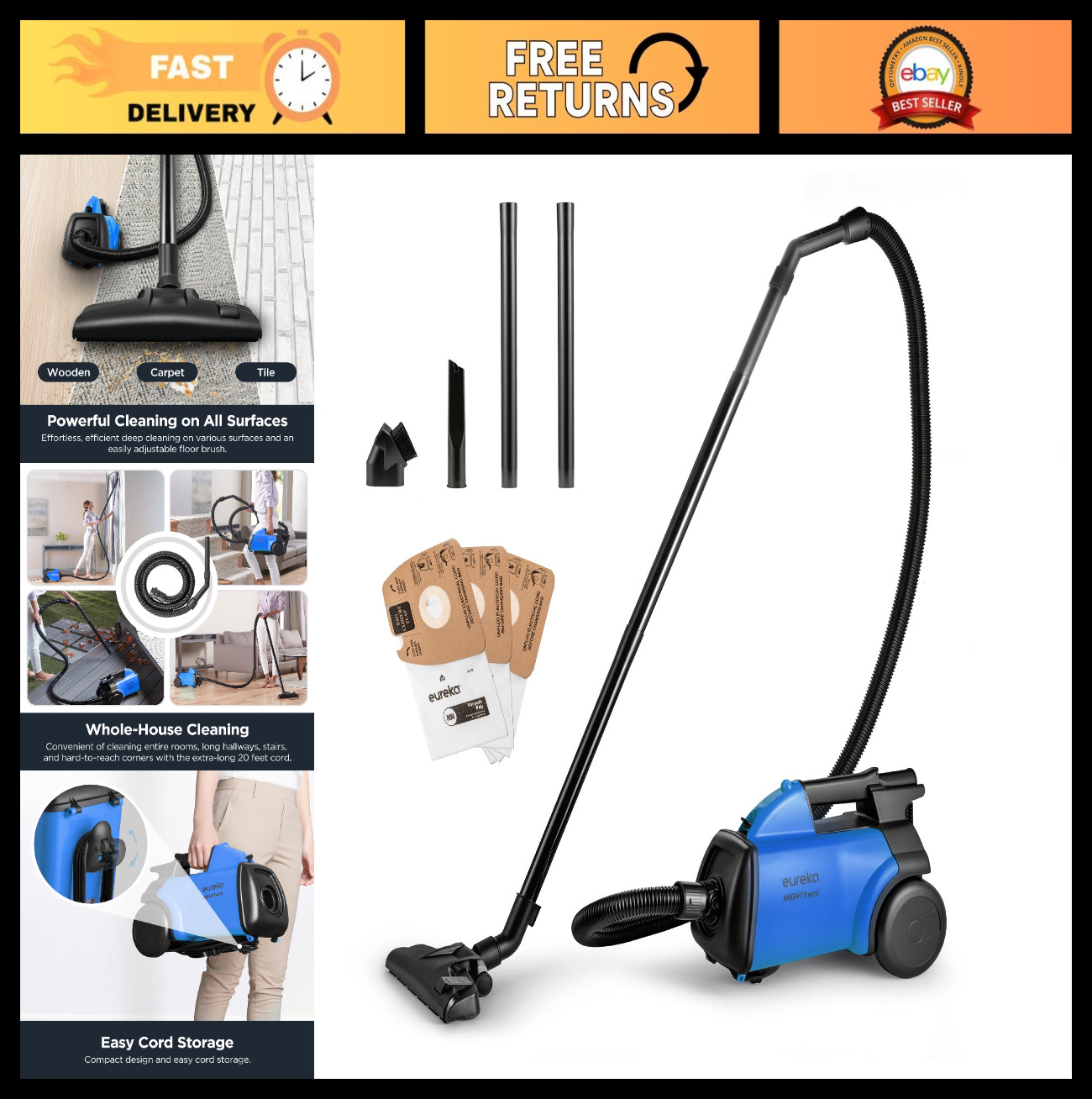 Bagged Canister Vacuum Cleaner – Lightweight, Powerful Suction for Home & Pets,