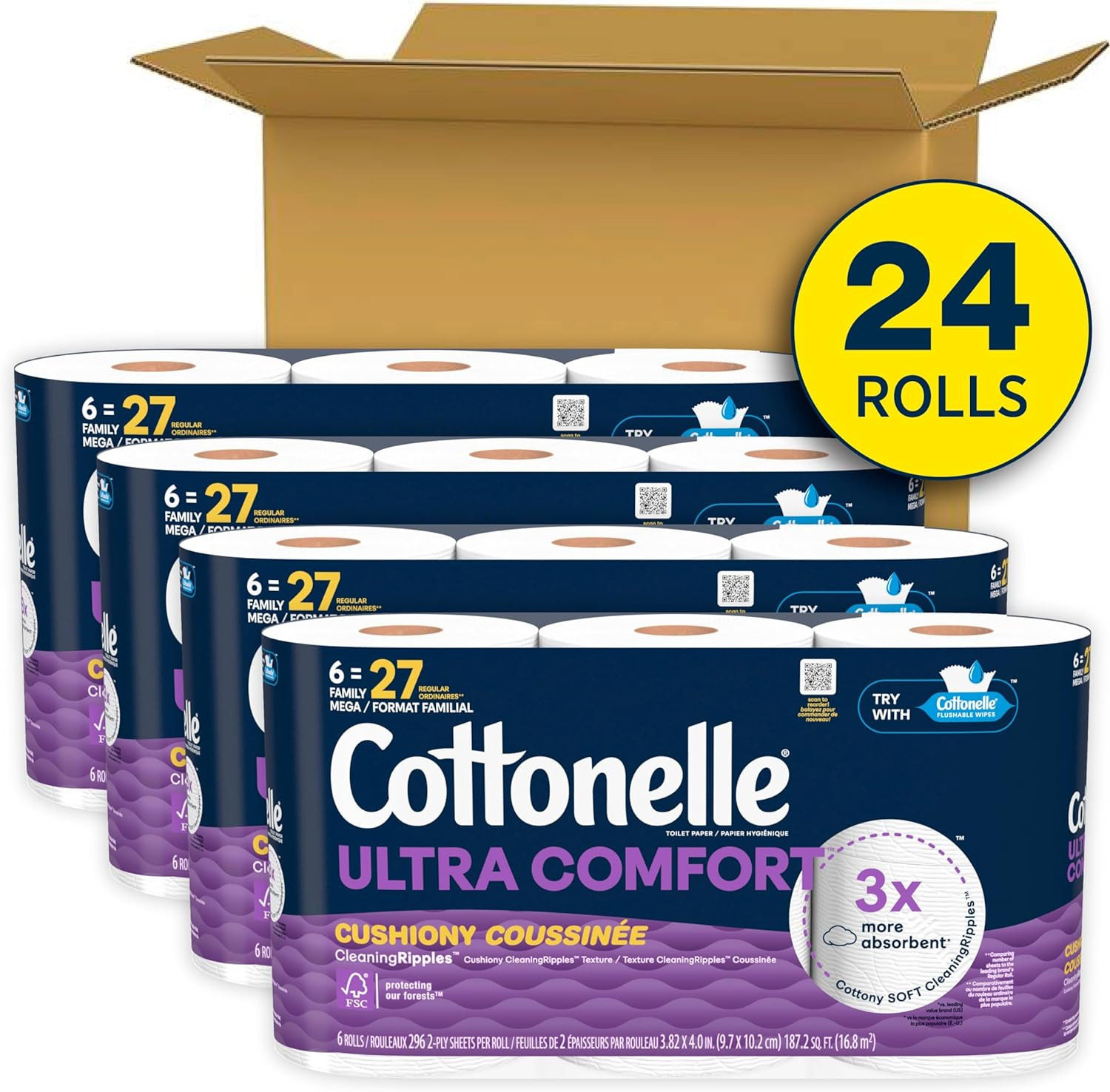 Ultra Comfort Toilet Paper 24 Family Mega Rolls =108 Regular Cushiony Soft