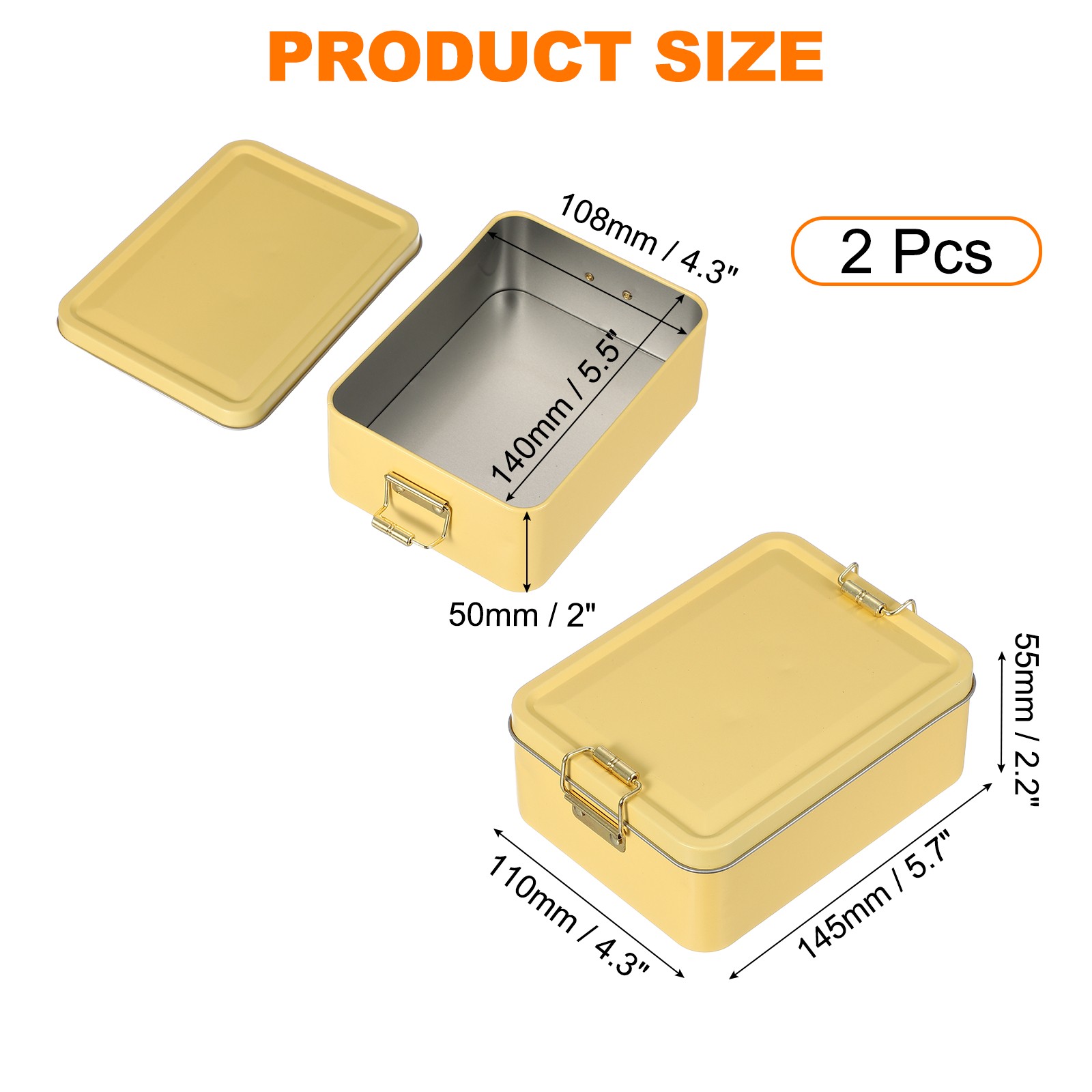 2Pcs Metal Rectangular Tinplate Tin Box with Buckle Yellow