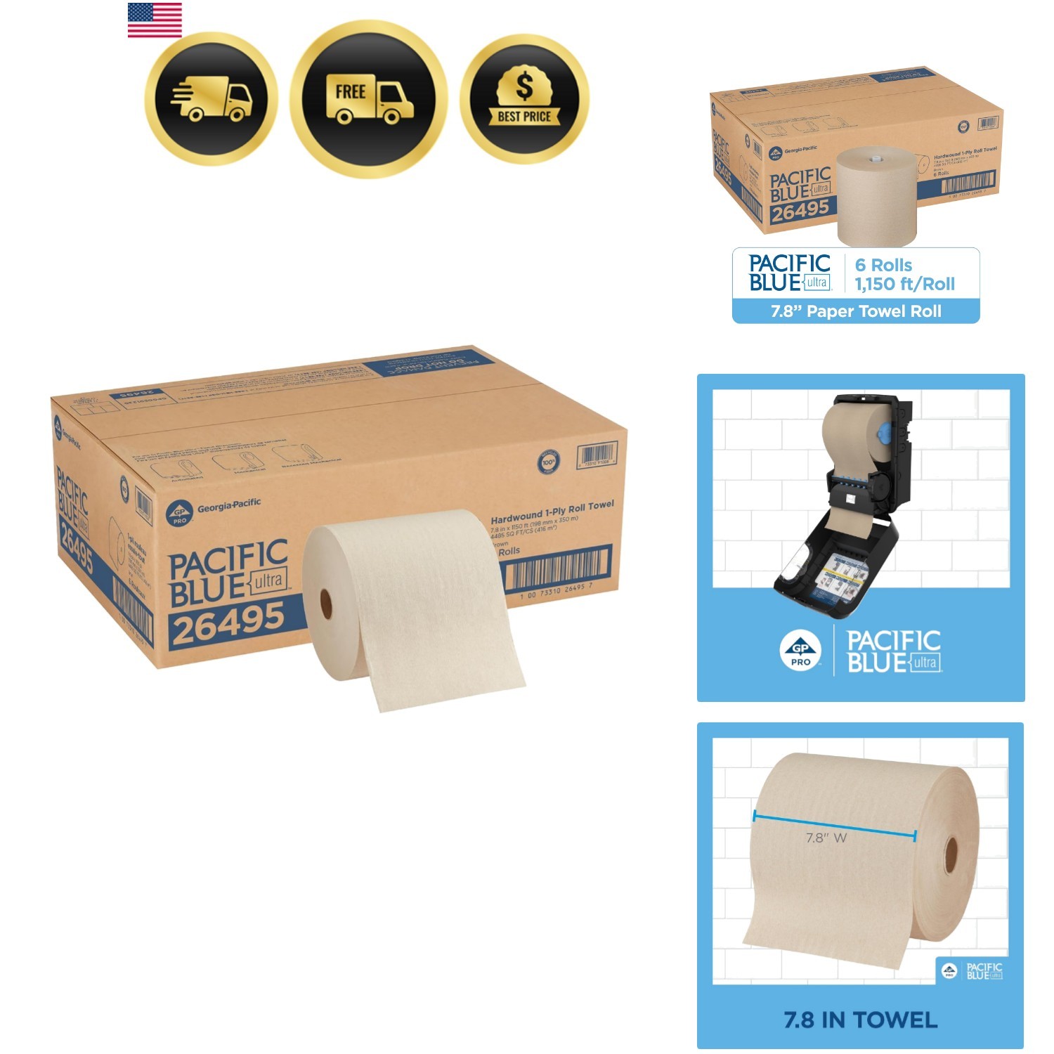Pacific Blue Ultra 8″ High-Capacity Recycled Paper Towel Rolls by GP PRO , Br…