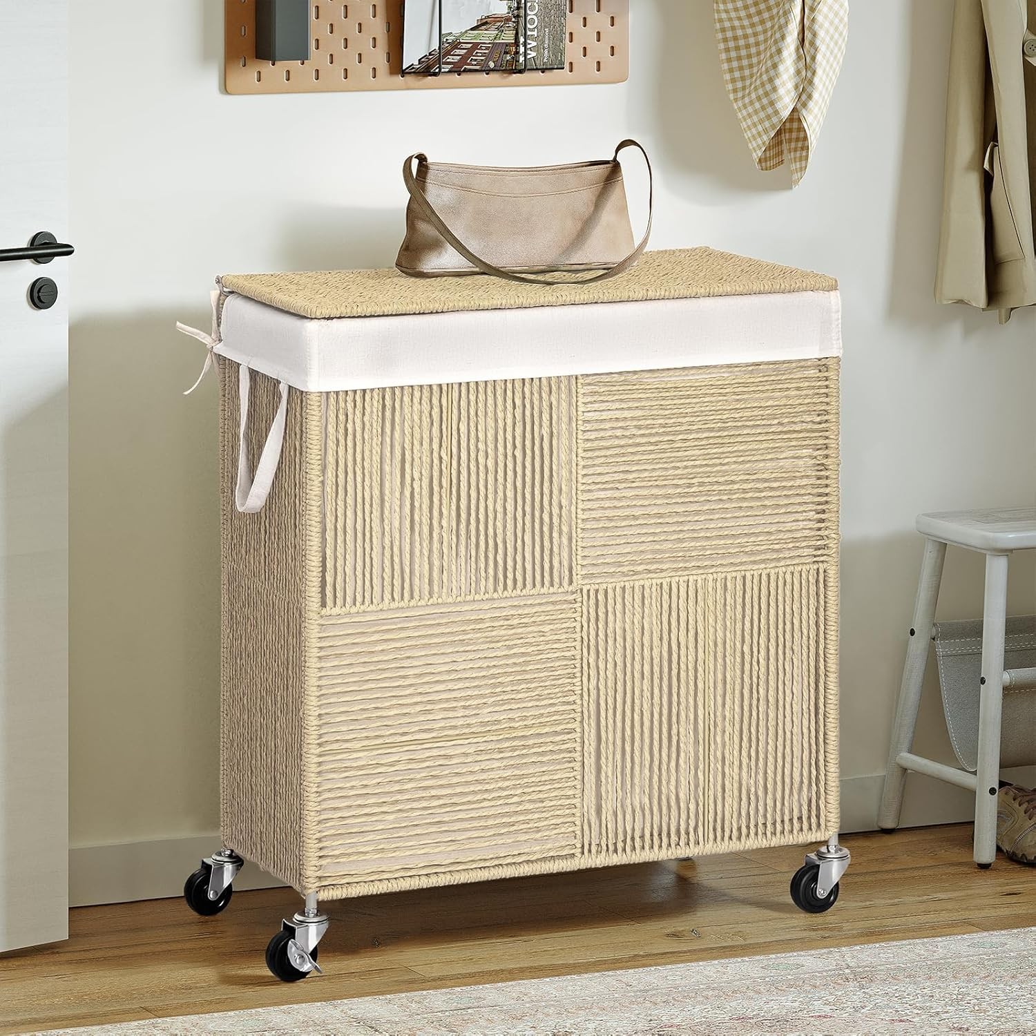 Double Laundry Hamper Lid Handwoven Rolling Laundry Basket W/ Wheels 115L