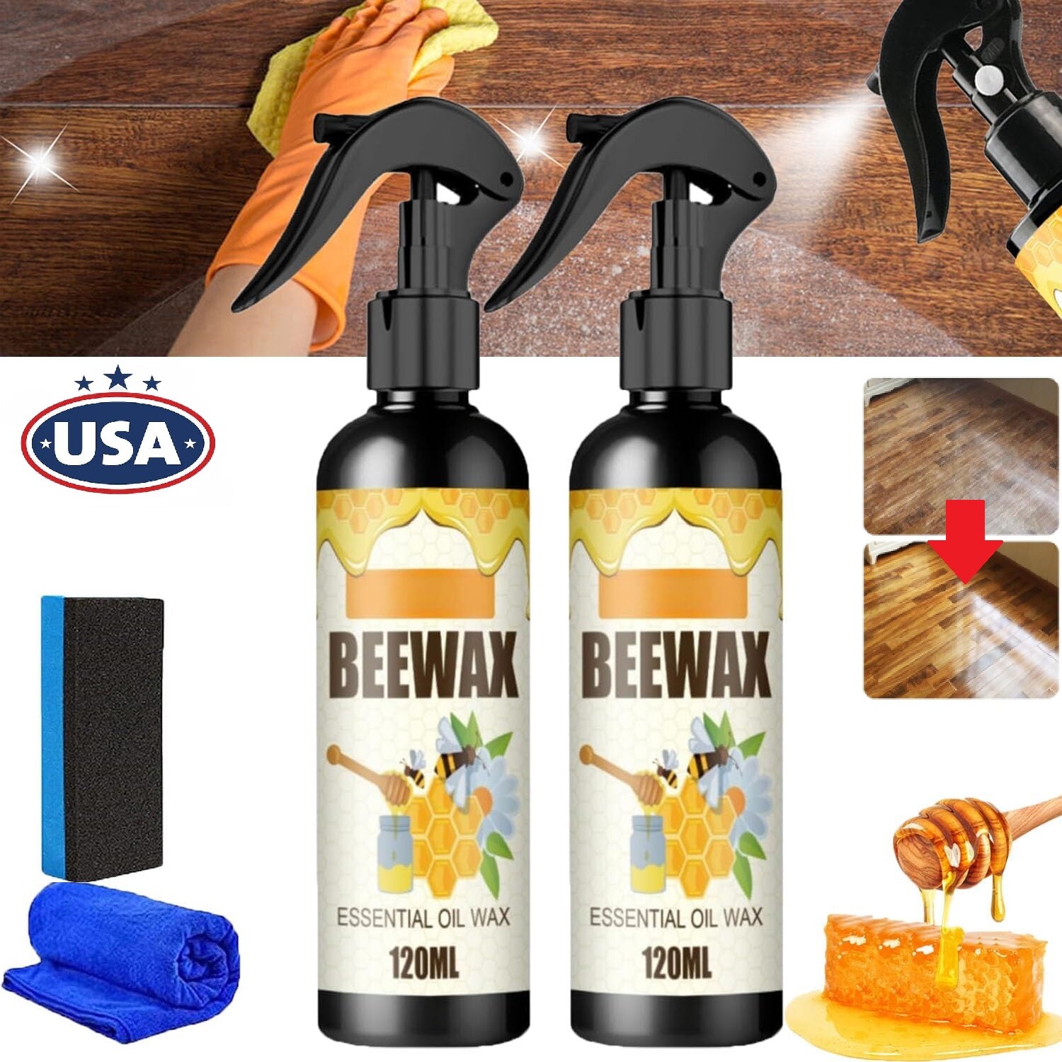 2× Bee Wax Furniture Polish Spray Natural Micro-Molecularized Beeswax w/ Tool US