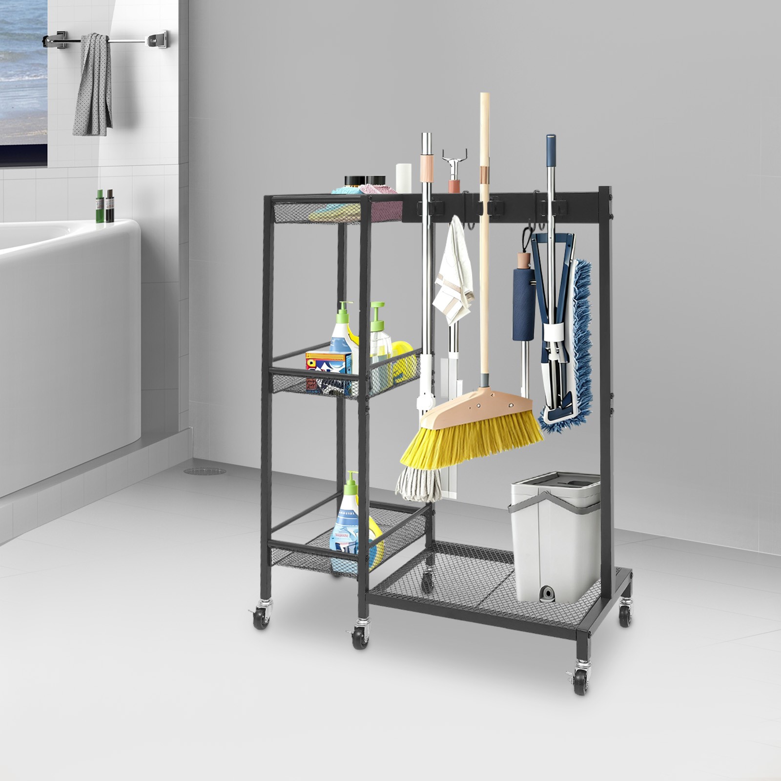 Mobile Cleaning Trolley Cart with Wheels 25.6×11.8×33.5 Inch for Home Office