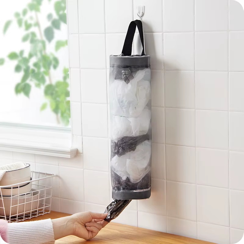 1Pc Grey Sundries Bag Storage Wall Mount Mesh Plastic Bags Dispenser Hanging Reu
