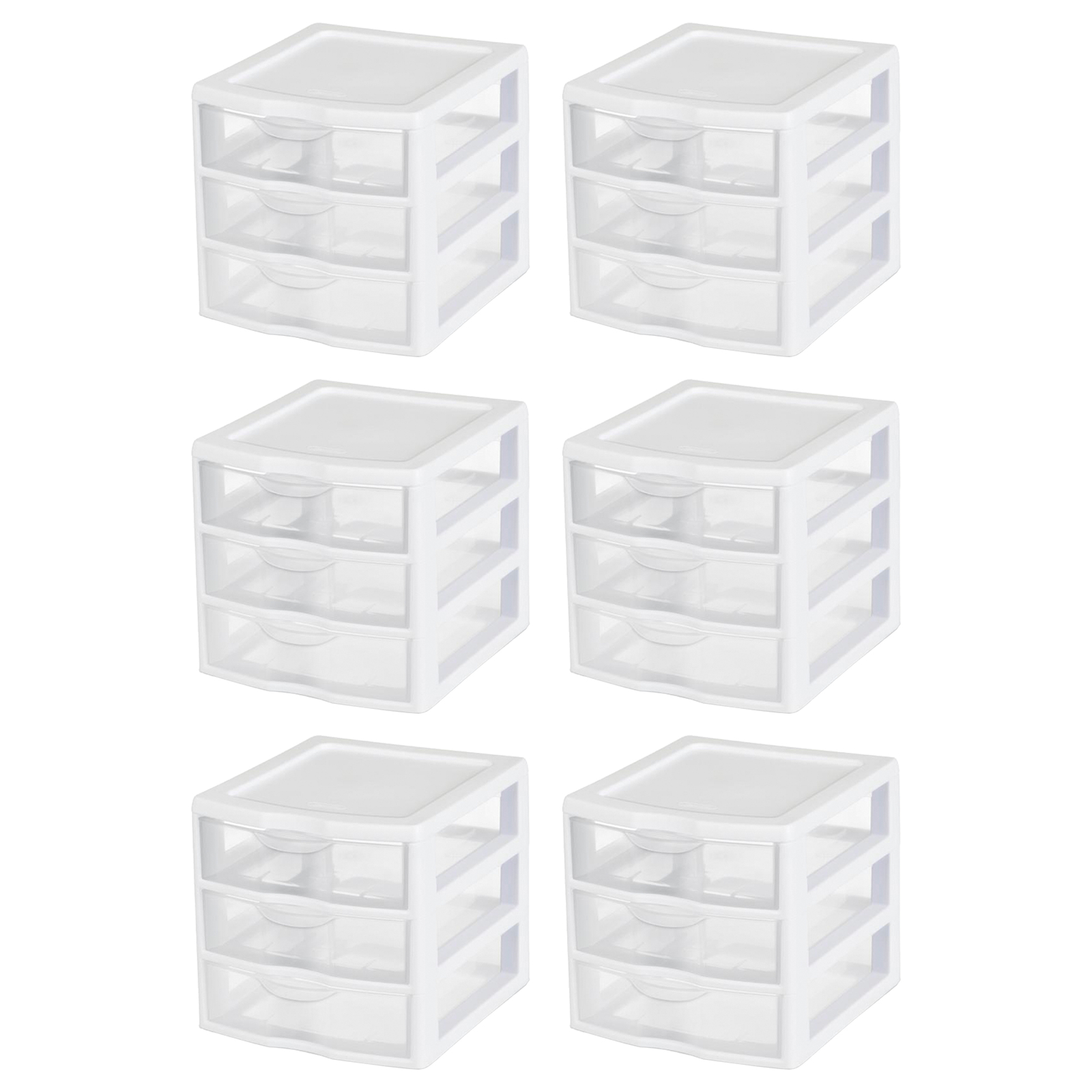 Sterilite ClearView Plastic Small 3 Drawer Desktop Storage Unit, White, 6 Pack