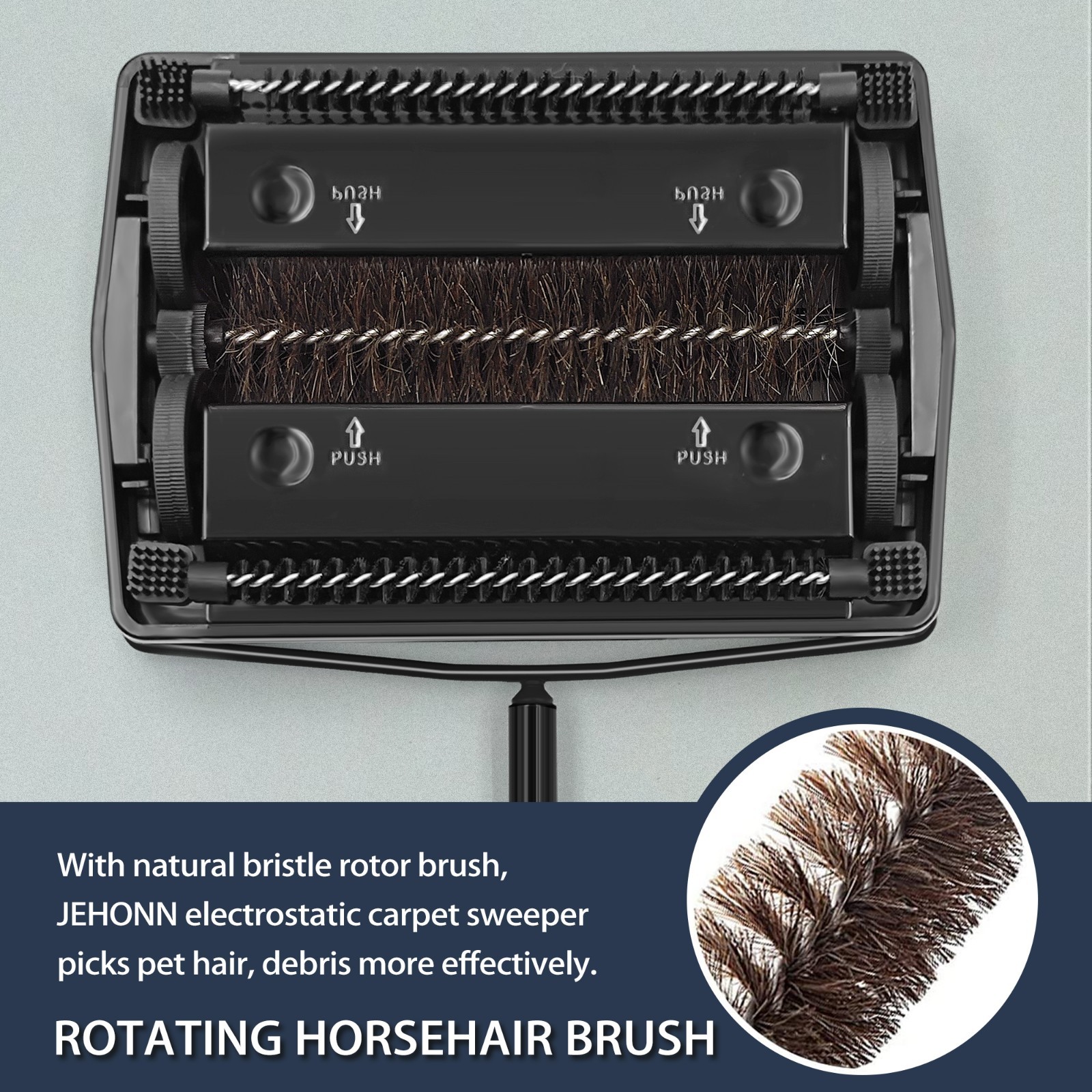 Carpet Floor Sweeper with Horsehair, Non Electric Manual Sweeping (Black)