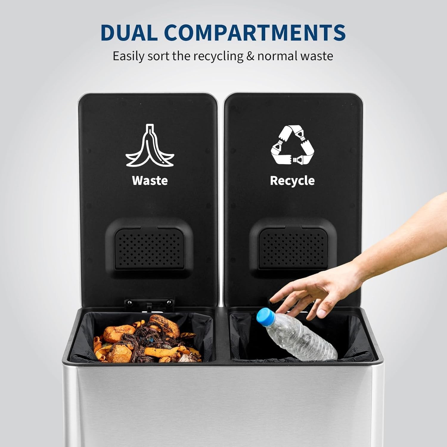 Dual Trash Can 2x 4gal/15L Stainless Steel Step Trash Can Garbage Can Kitchen