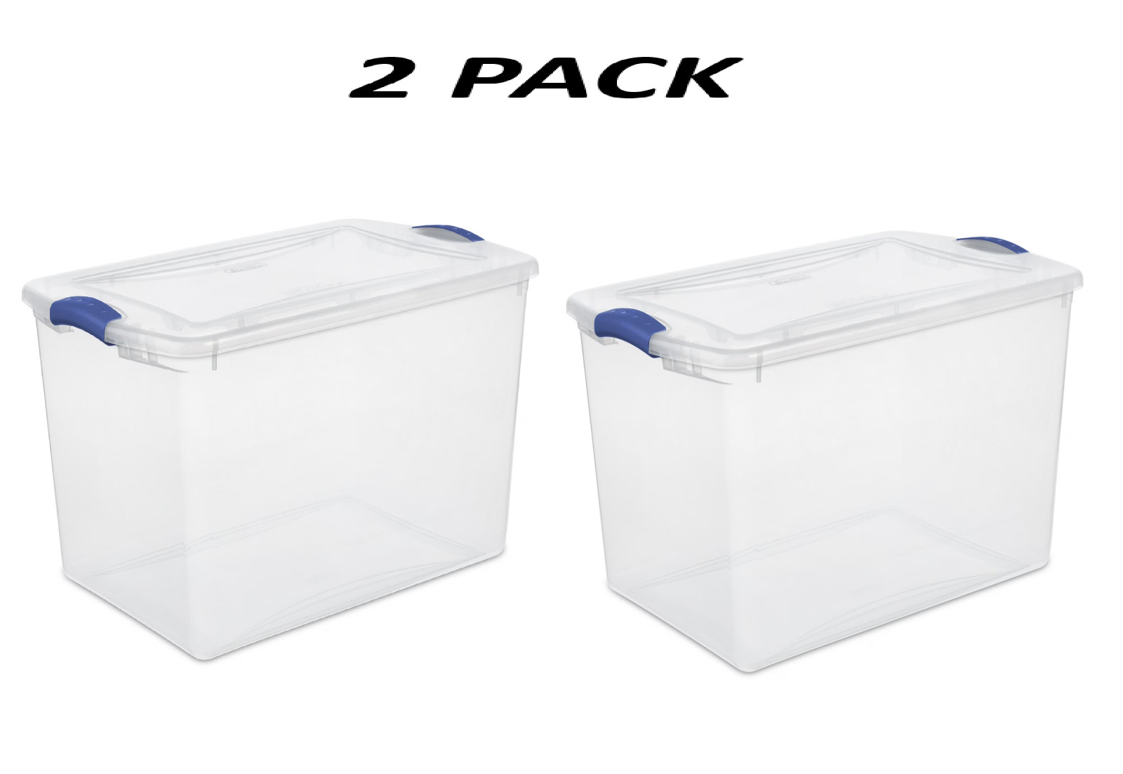 (2 Pack) Sterilite 66 Qt Latching Storage Bin Clear Plastic Blue Container.