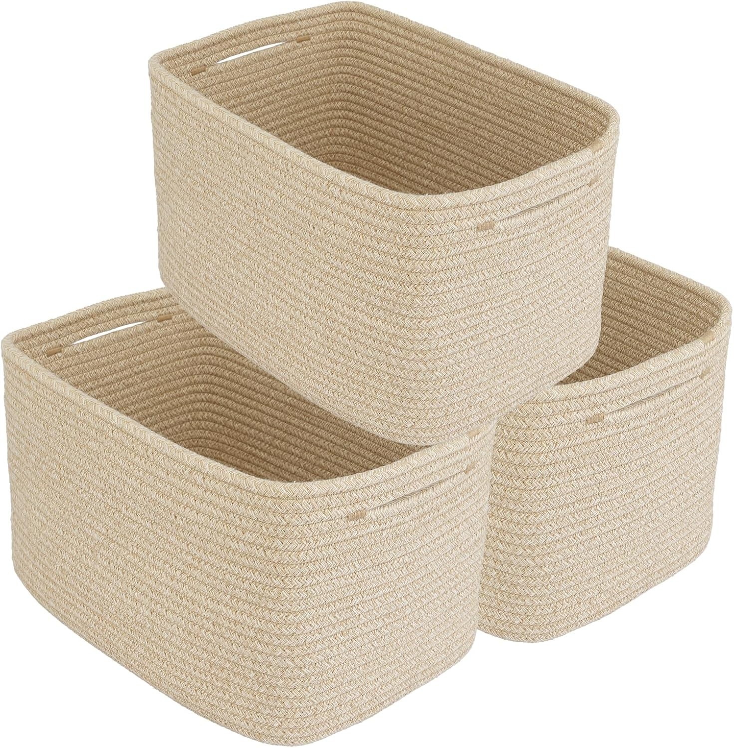 Elegant Woven Cotton Rope Storage Baskets, 15x10x9.3” – 3 Pack Oatmeal