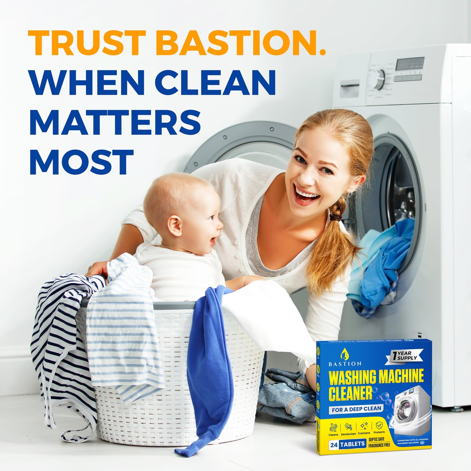 Bastion Washing Machine Cleaner, Deodorizer, & Descaler – 24 pack