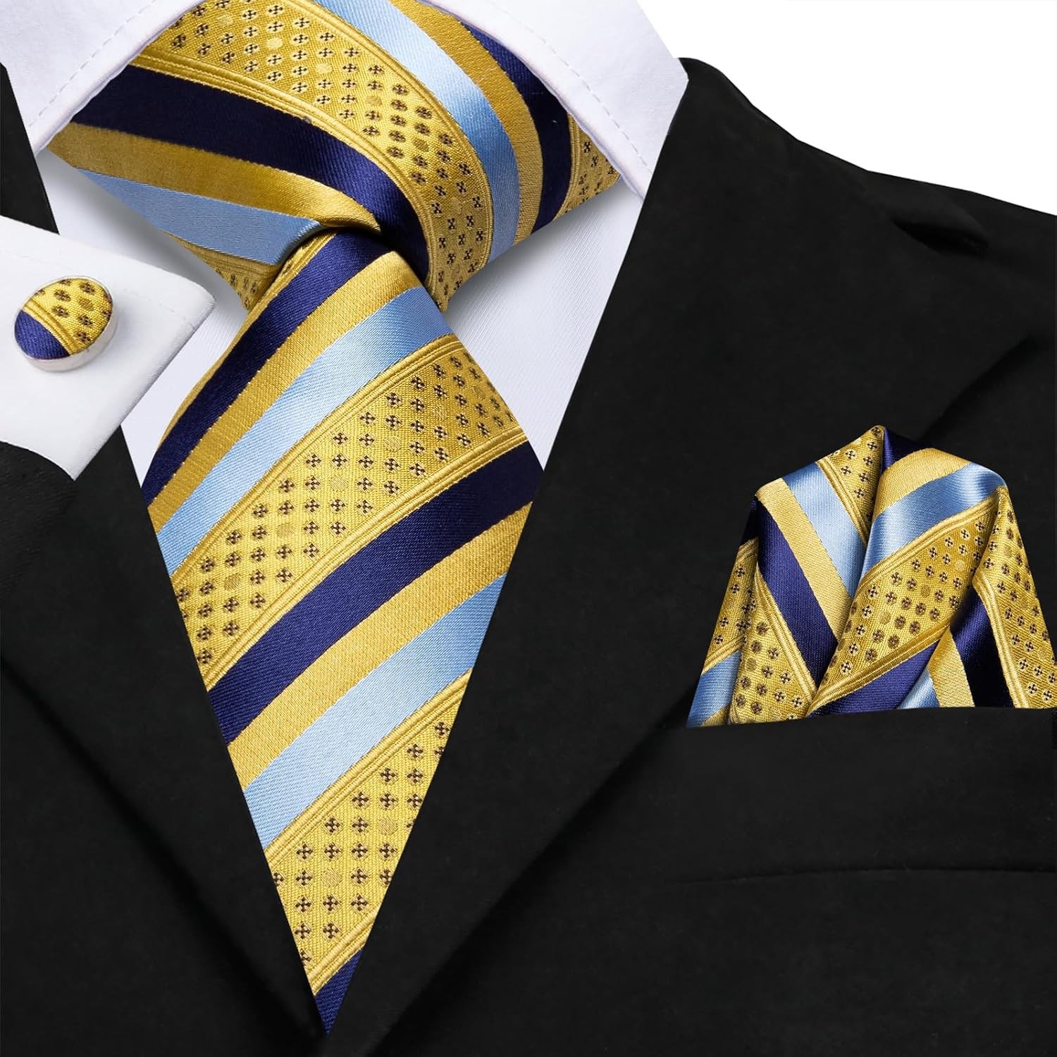 Mens Plaid Ties Classic Paisley Necktie with Handkerchief Cufflinks Set Business