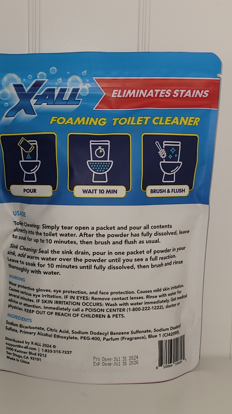 X-ALL Foaming Toilet Cleaner, Self-Activating Powder, 1 Pack(4 Treatments)