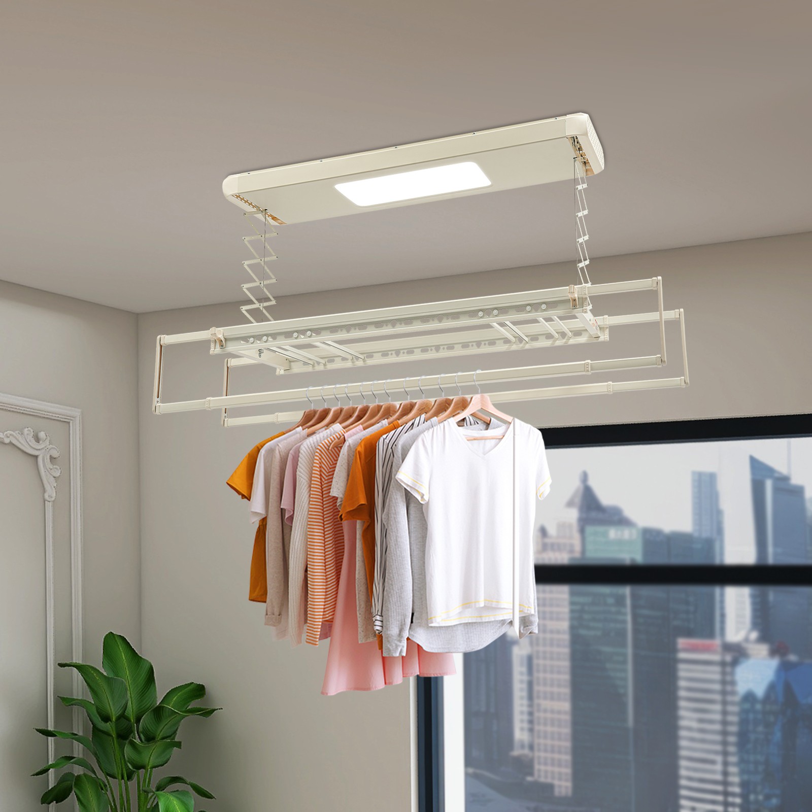 Electric Retractable Airing Rack Clothes Drying Rack W/ Remote Control & Light