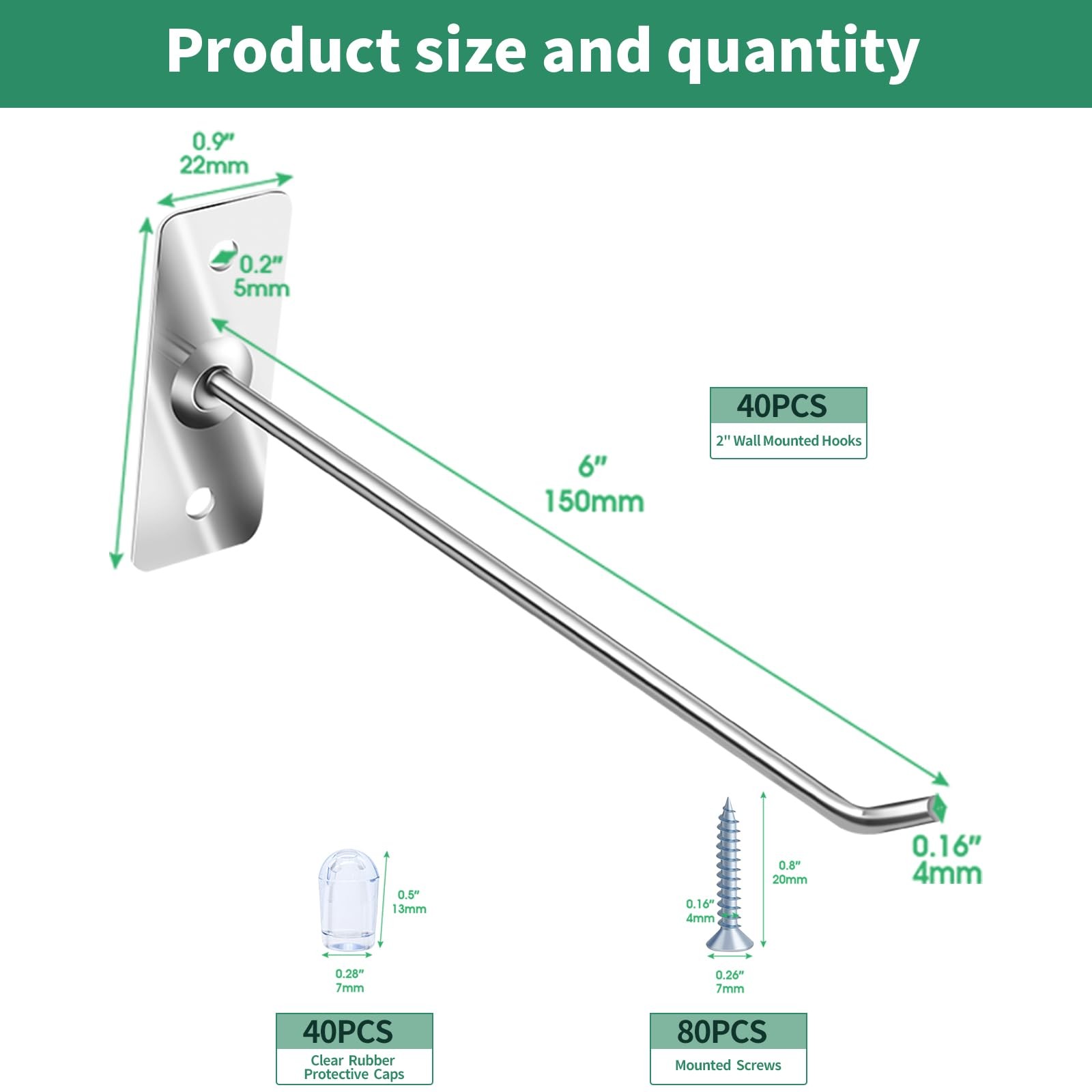 40 Pcs 6″/15CM Stainless Steel Wall Mounted Hooks with Protective Caps and Sc…