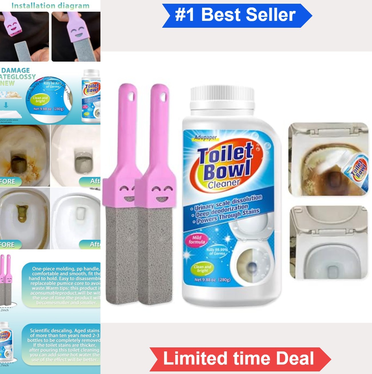 Pumice Stone Toilet Bowl Cleaner Set 2 Sticks 280ml Liquid Removes Hard Water