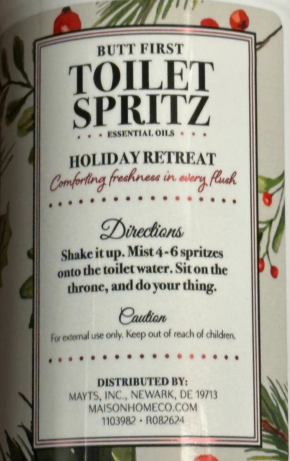 Maison Home Co. BUTT FIRST Odor Eliminator TOILET SPRITZ SPRAY ~ HOLIDAY RETREAT