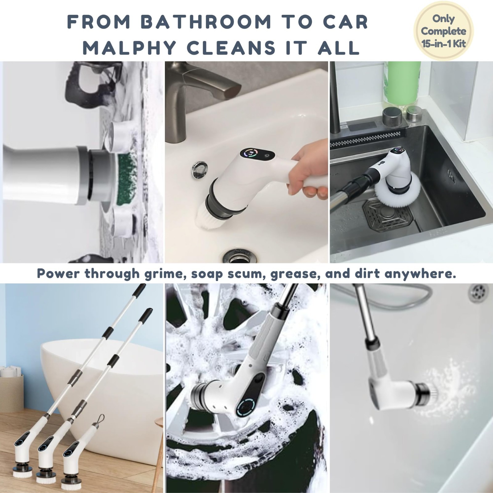 15-in-1 Cordless Electric Scrub Brush – Power Scrubber for Tile & Grout Cleaning