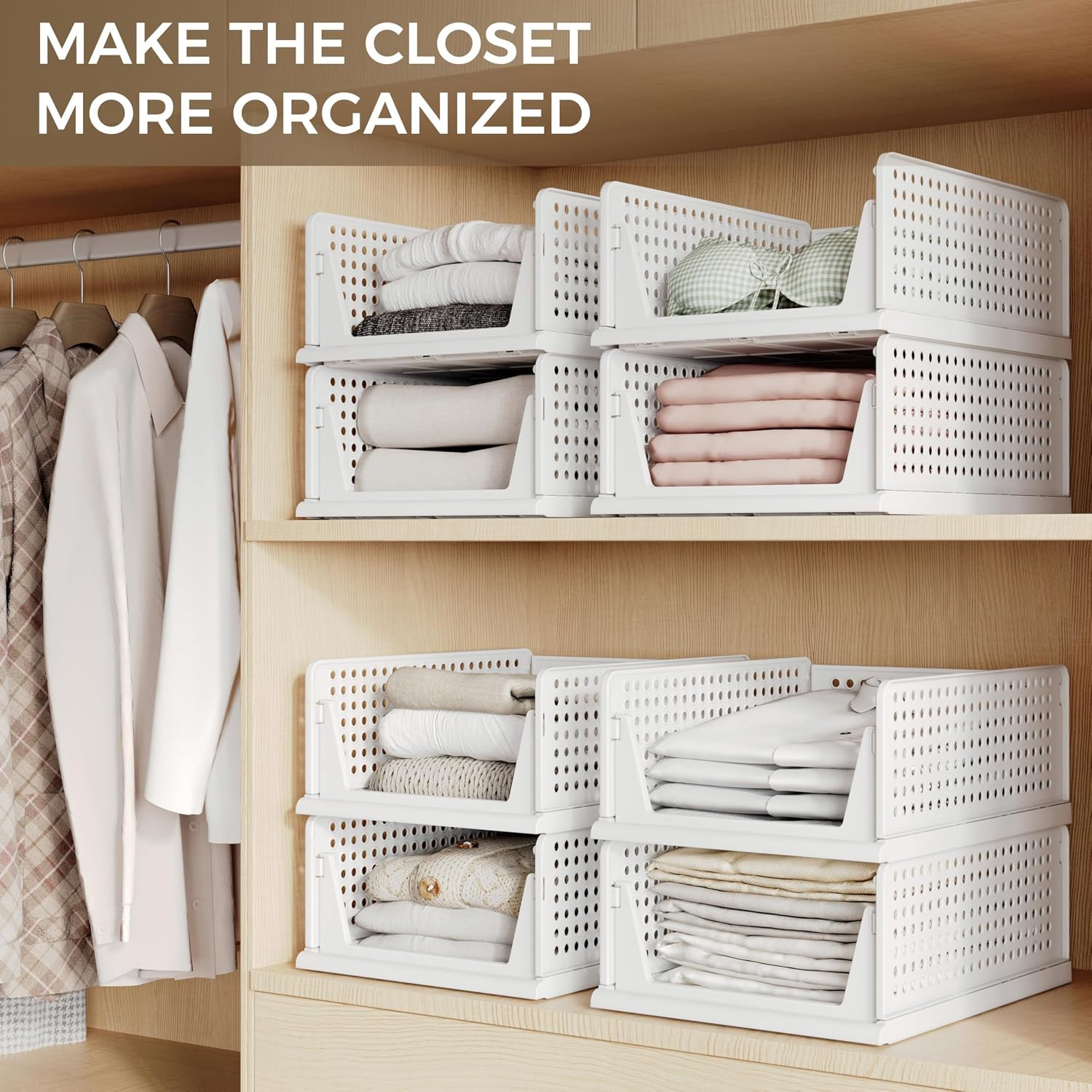 6 Pack Closet Organizer Storage Bins Plastic Stackable Foldable White for