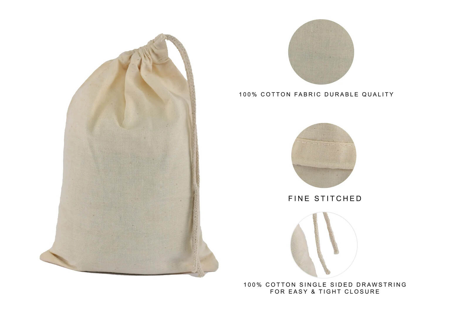 Single Drawstring Organic Cotton Muslin Bags – Premium Quality – Natural Color
