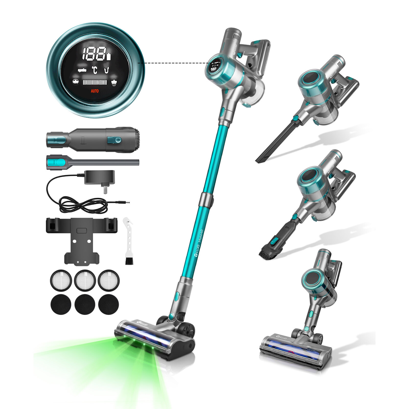 E.LUO Cordless Vacuum 400W, 60min/≥28KPa, Powerful Suction, Anti-Tangling brush