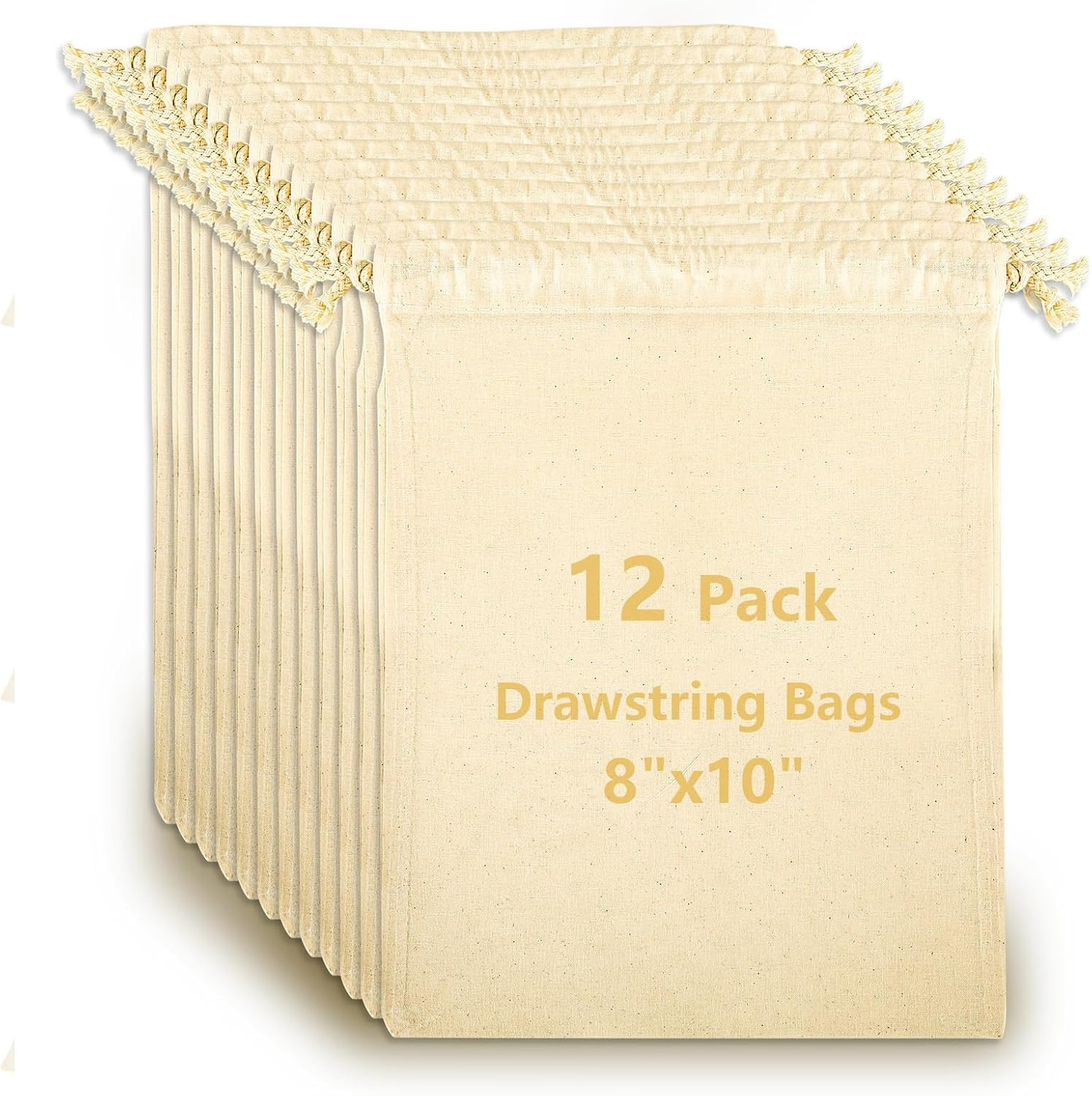 12 Pack Cotton Muslin Drawstring Bags – Reusable Cloth Bags for Storage, Produce