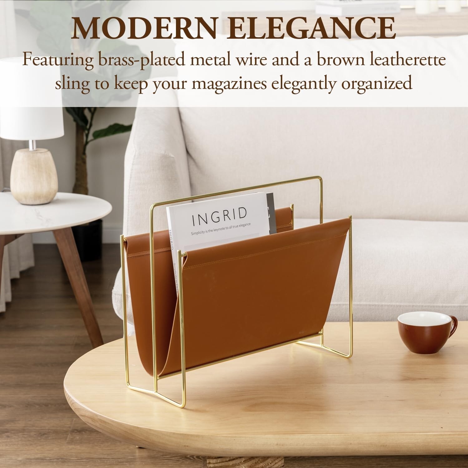 15 inch Caramel Leatherette Magazine Holder, Floor Standing Sling Style Rack