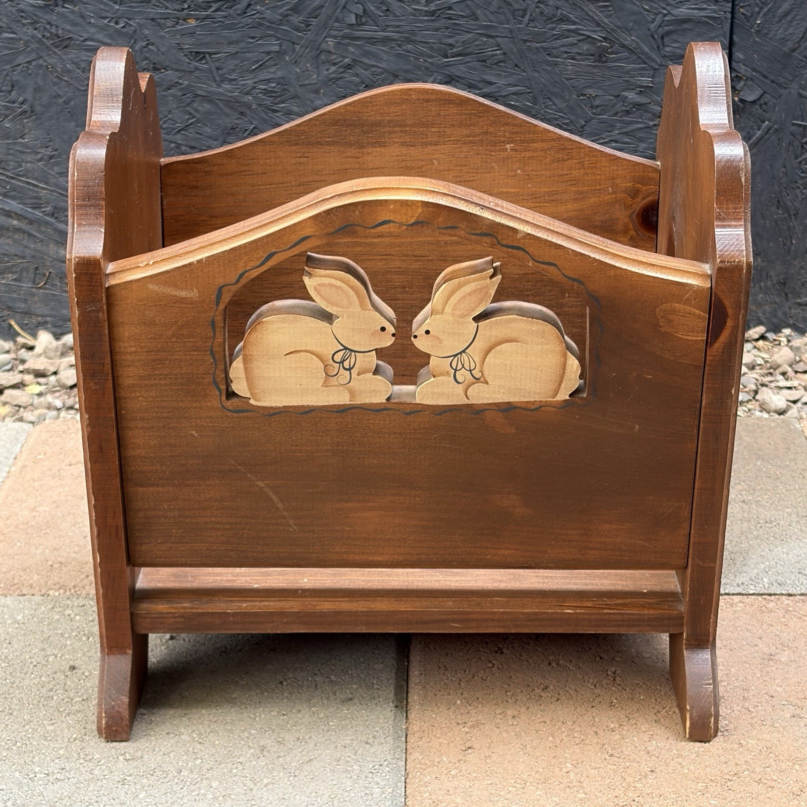 Vintage Wooden Magazine Rack Holder Rabbits Brown & Tan VTG Coastal Grandma Cute