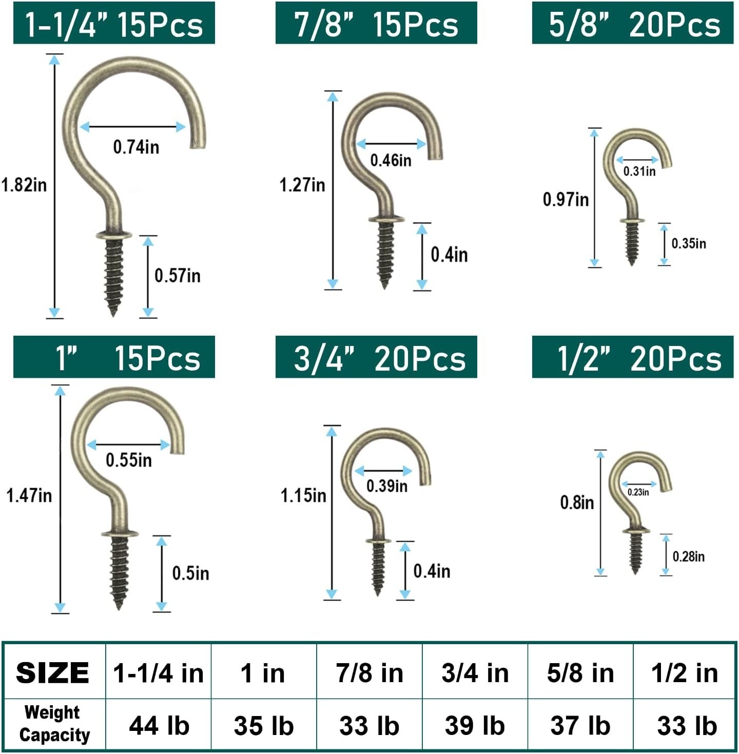 105 Pcs Screw Hooks, 6 Sizes Bronze Cup Hooks, Screw Hooks for Hanging, Metal…