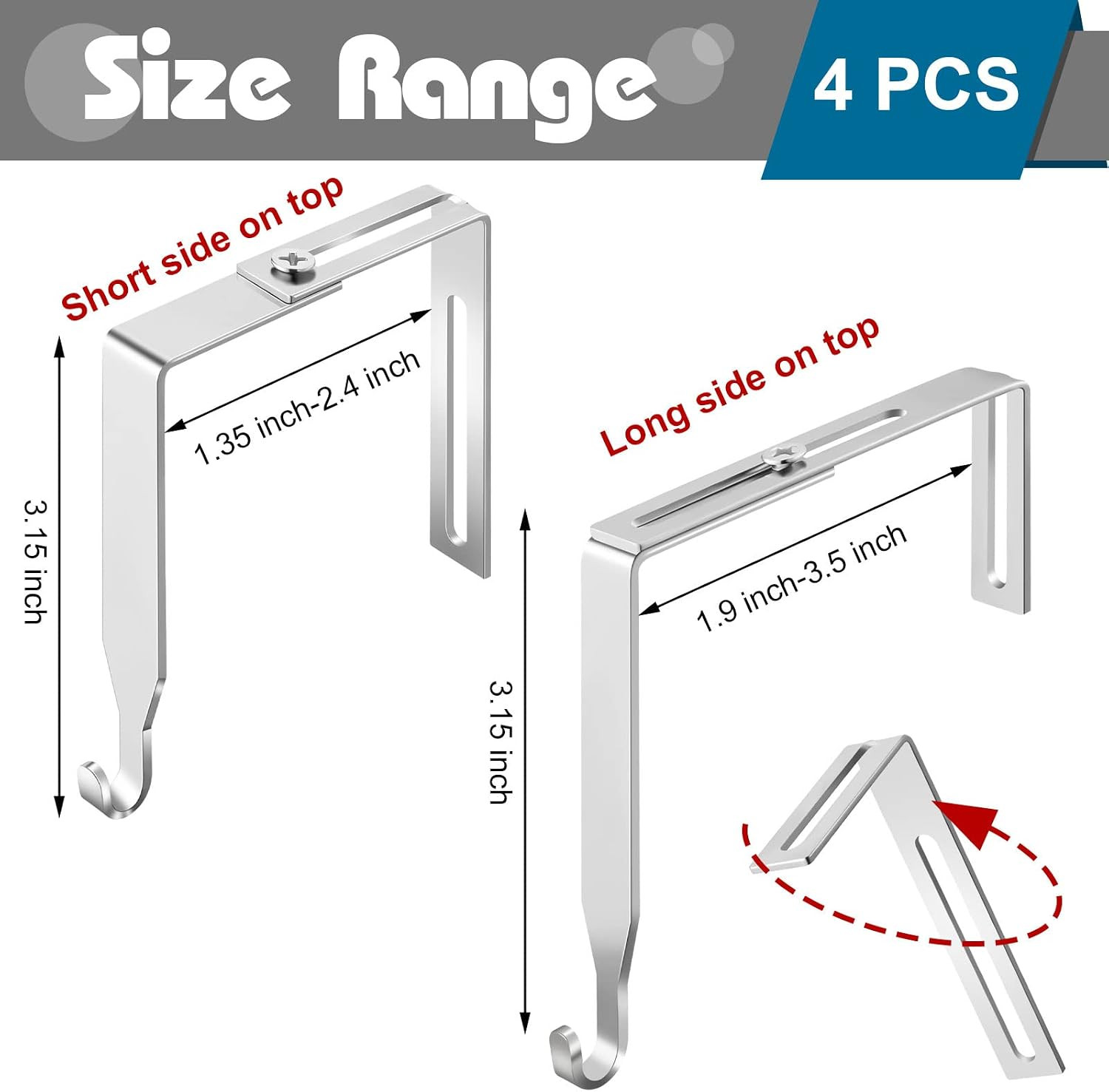 4 Pcs Adjustable Cubicle Hooks Metal Hangers,Silver,Classic | Fits 1.35-3.5 Inch