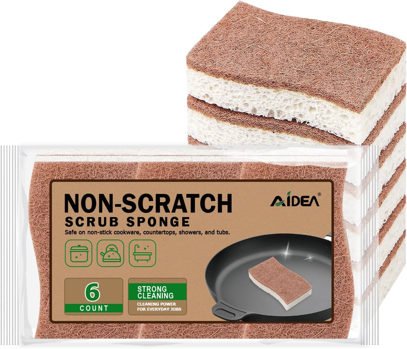 Non Scratch Scrub Sponge, 6Count, Natural Sponge for Non Stick Cookware, Sponges