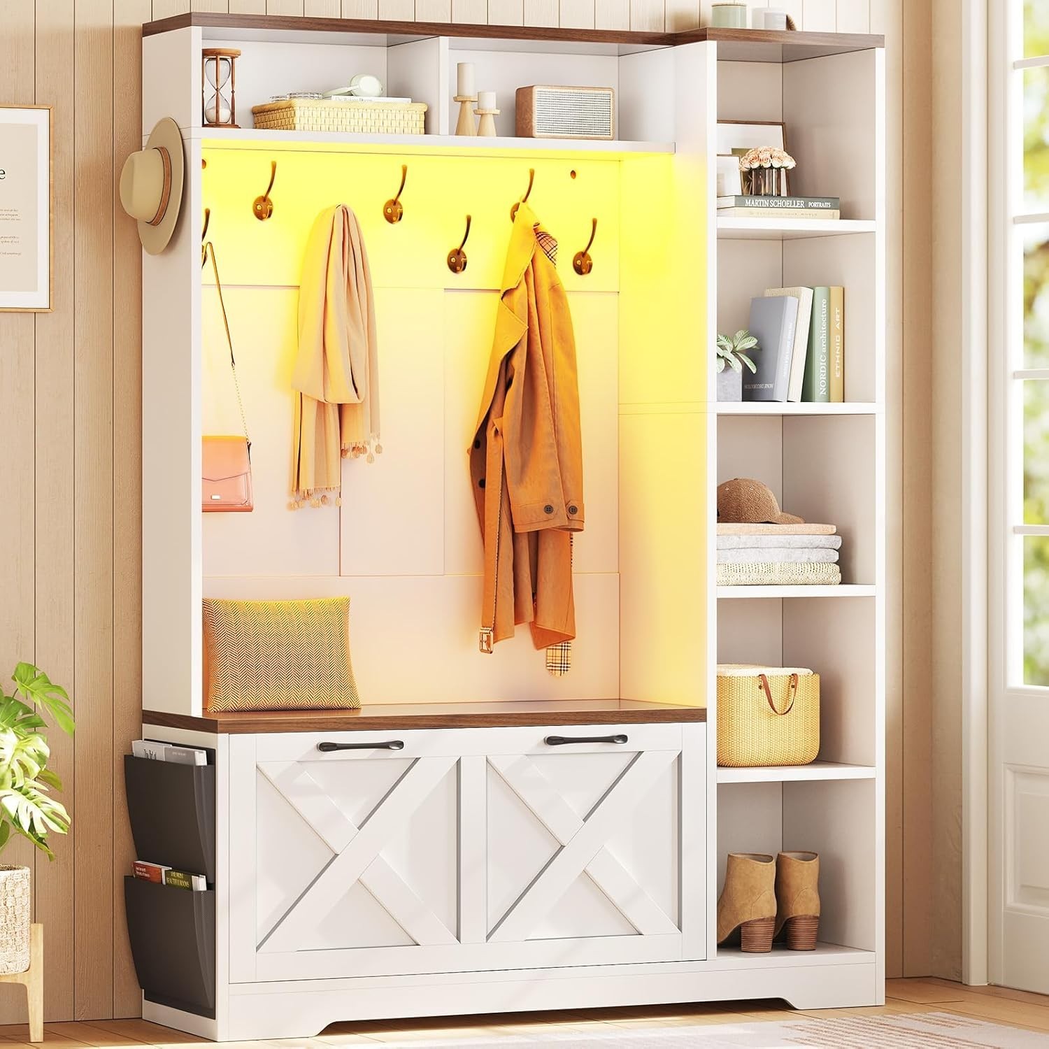 Hall Tree with Shoe Storage, Farmhouse Entryway Bench w/Flip Drawers &Led Lights