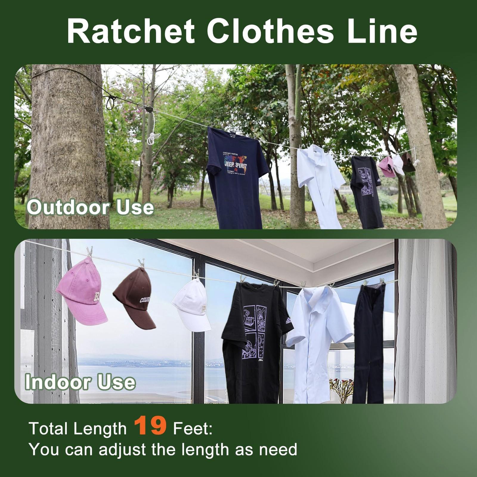 Camping Clothesline 19Ft Portable, Heavy Duty Rope With Carabiner