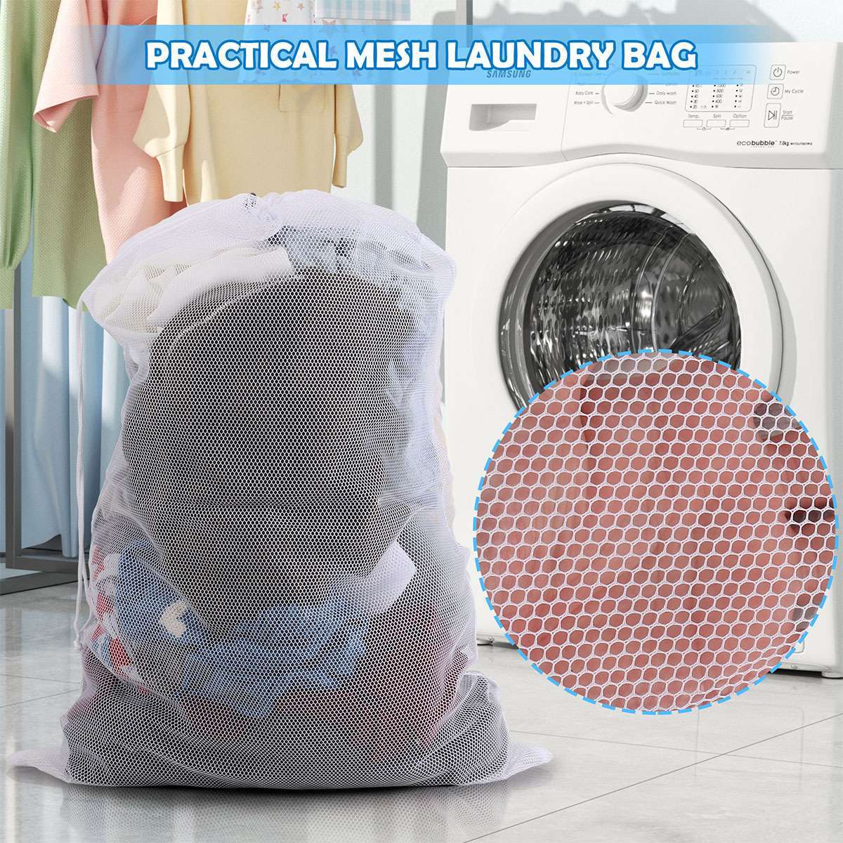 Heavy Duty Laundry Bag Large Mesh Wash Clothes With Drawstring Top Closure